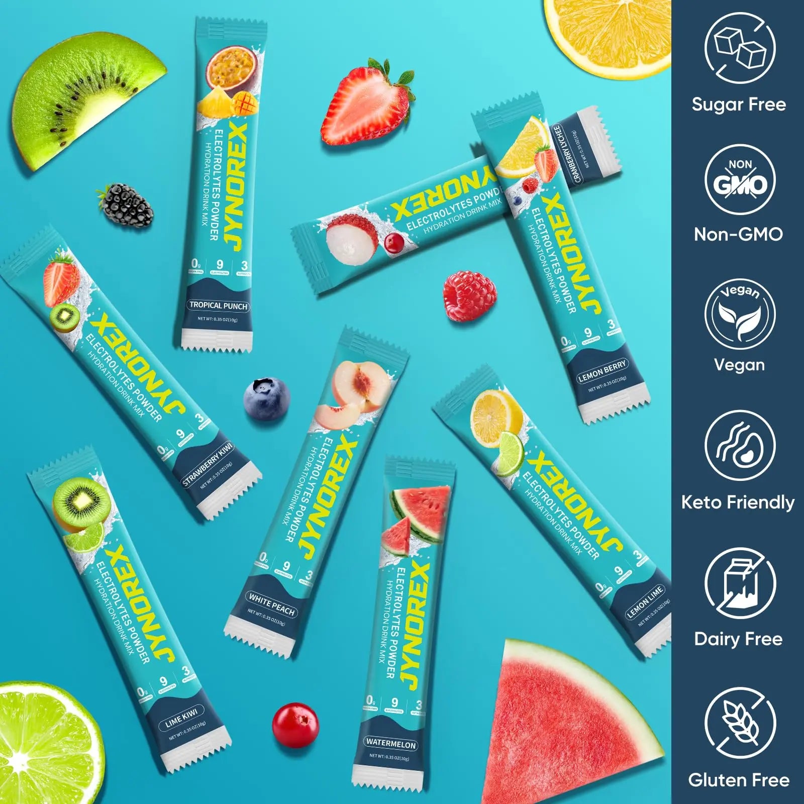 JYNOREX Electrolytes Powder Packets Sugar Free, 30 Sticks High Sodium Hydration Packets, Electrolyte Drink Mix with Lemon Lime Watermelon Peach Berry Kiwi JYNOREX uk supplements