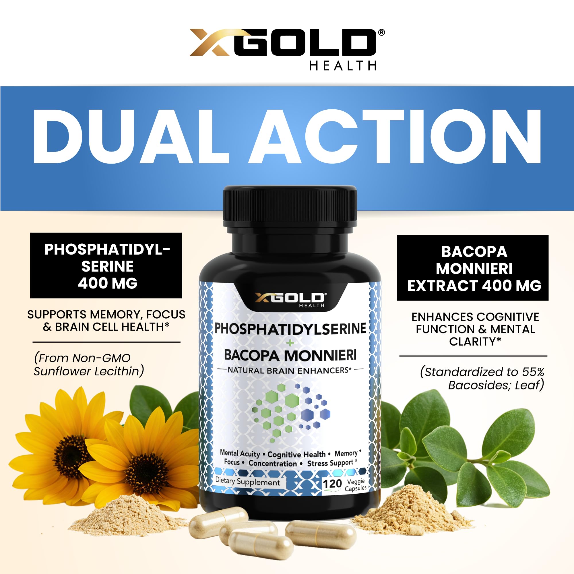 PhosphatidylSerine & Bacopa Monnieri 800 mg 2 in 1 Supplement - Natural Brain Enhancer/Nootropic for Enhanced Focus and Concentration, Memory Support, & Cognitive Function - 120 Vegetarian Capsules X Gold Health uk supplements