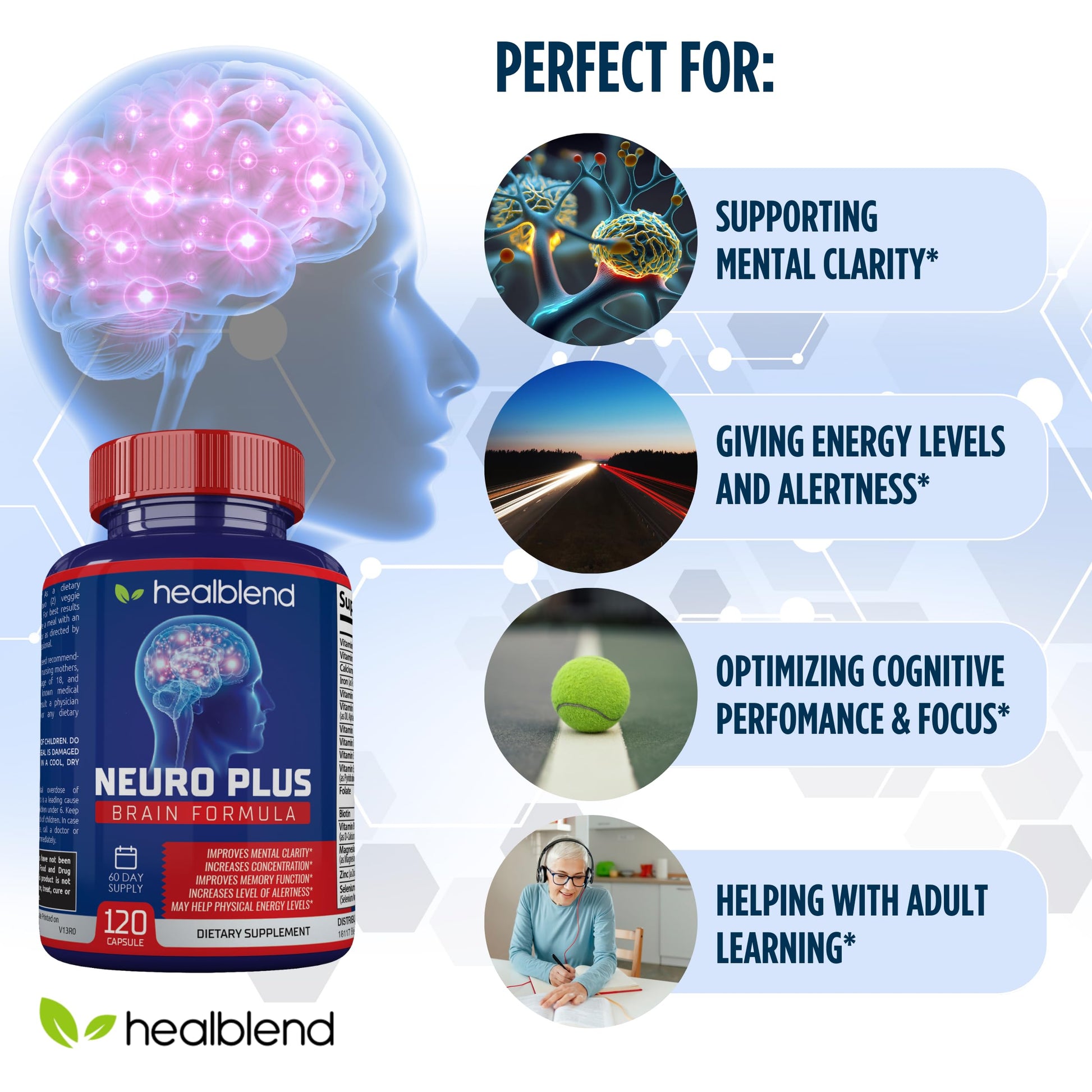 Neuro Plus Brain & Focus Formula - Nootropic Brain Booster Supplement, Supports Brain Health, Mental Clarity & Focus - Enhances Concentration & Mental Energy – 120 Capsules (1) healblend uk supplements