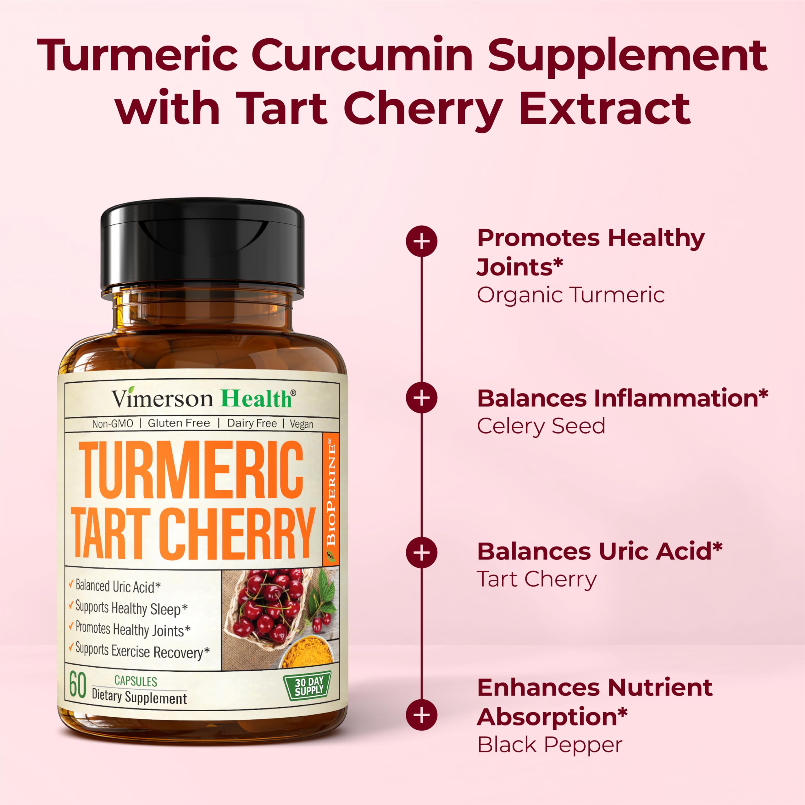 Turmeric Curcumin Supplement with 10:1 Tart Cherry Extract & Celery Seed Extract – Natural Uric Acid Balance, Joint Health & Sleep Aid – Turmeric Curcumin with Black Pepper – 60 Tart Cherry Capsules Vimerson Health uk supplements