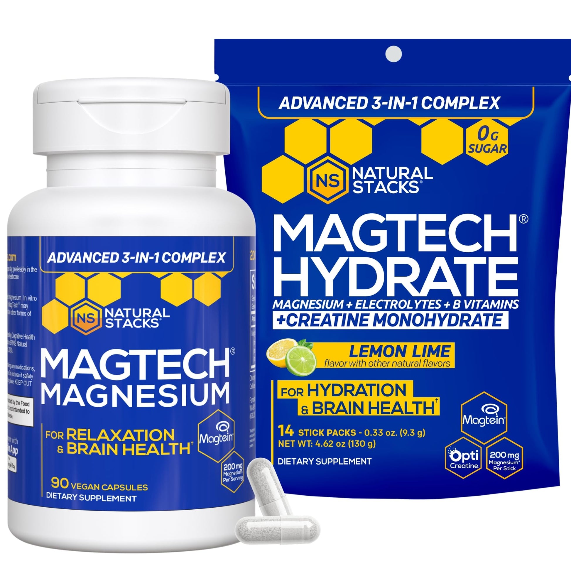 Magtech Magnesium Capsules + Hydration Creatine Powder Lemon Lime Bundle - 3 Forms of Magnesium - Featuring Magtein L-Threonate - Brain Health & Hydration Support* - 44 Total Servings NATURAL STACKS uk supplements
