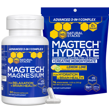 Magtech Magnesium Capsules + Hydration Creatine Powder Lemon Lime Bundle - 3 Forms of Magnesium - Featuring Magtein L-Threonate - Brain Health & Hydration Support* - 44 Total Servings NATURAL STACKS uk supplements