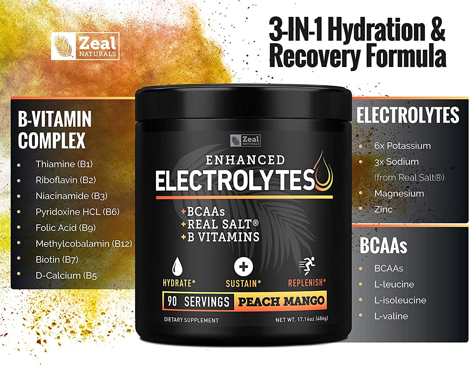 Enhanced Electrolyte Powder (Peach Mango | 90ct.) + BCAA, B-Vitamins & Real Salt Zeal Naturals uk supplements