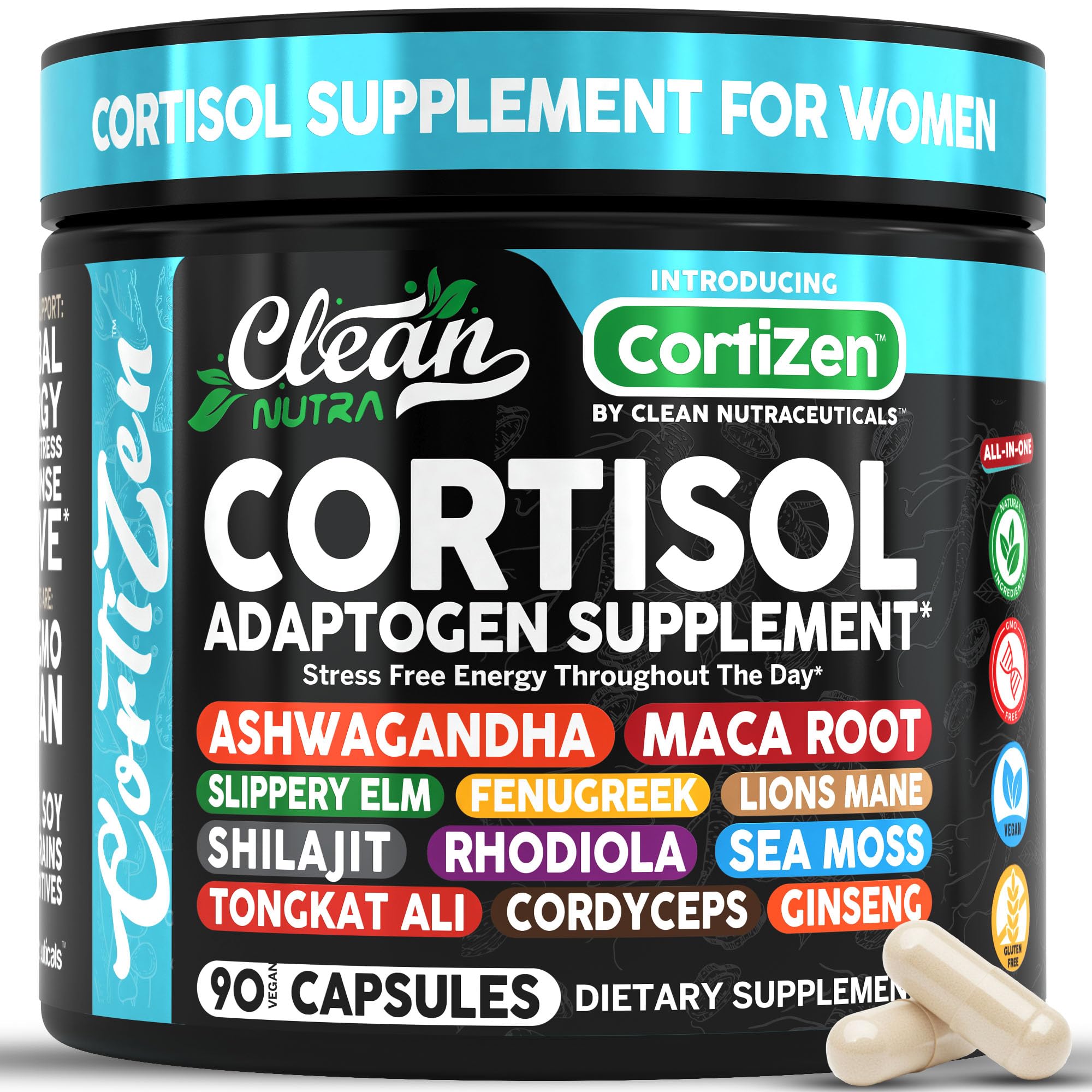 Clean Nutra Cortisol Supplements For Women | Maca Root Ashwagandha Cortisol Detox Manager Reducer + Slippery Elm Fenugreek Lions Mane Shilajit Rhodiola Sea Moss Tongkat Ali Cordyceps Ginseng Beet Root Clean Nutraceuticals uk supplements