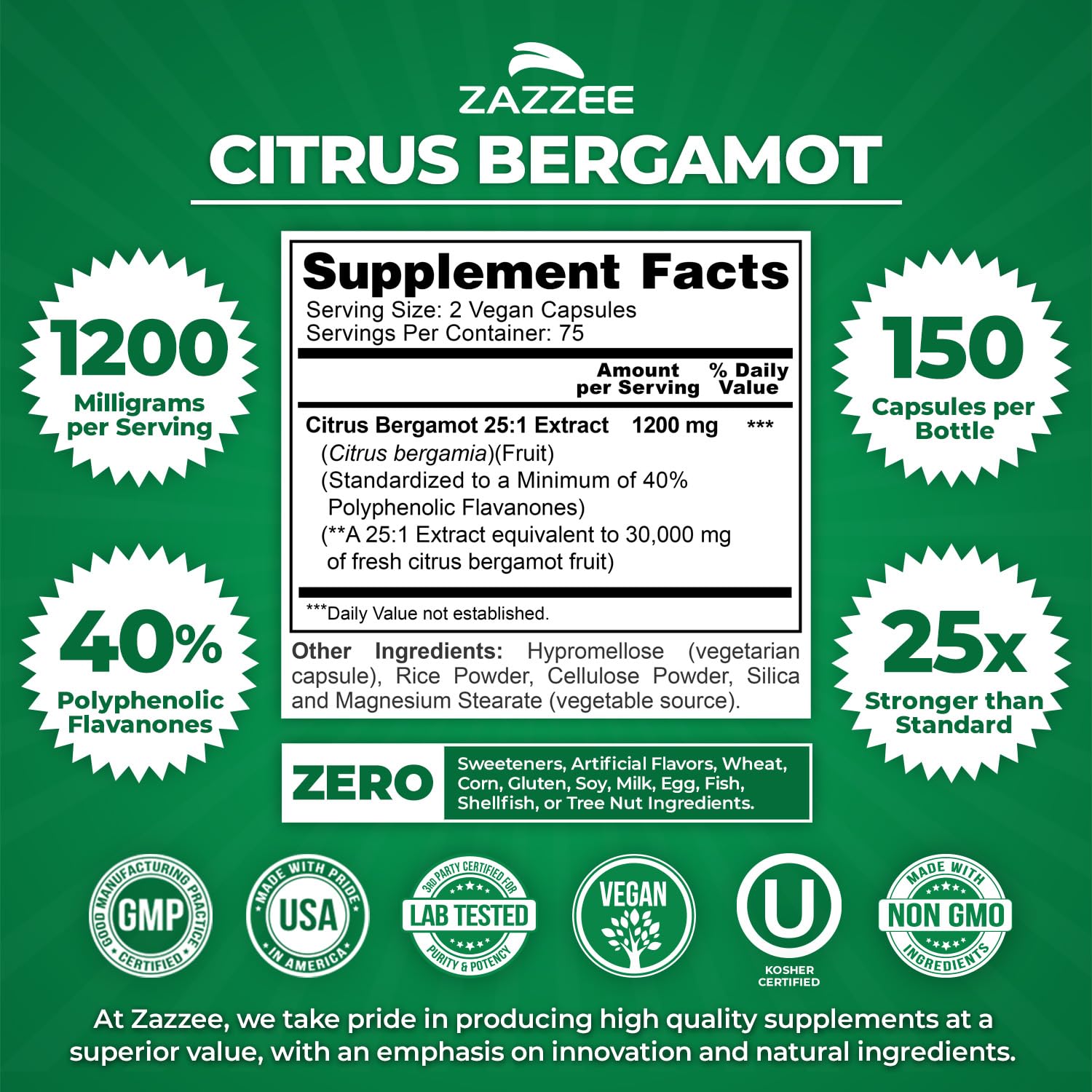 Zazzee Citrus Bergamot 25:1 Extract, 1200 mg Per Serving, 40% Polyphenolic Flavanones, 150 Vegan Capsules, 5 Month Supply, Citrus Bergamia, Antioxidant Support, Certified Kosher, Non-GMO, Made in USA Zazzee uk supplements