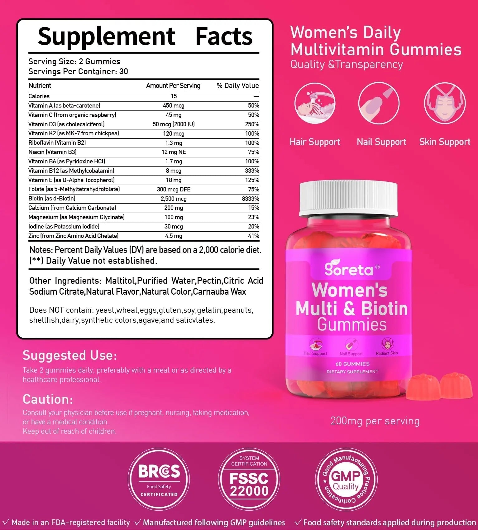 Goreta Women’s Multivitamin Gummies with Biotin 2,500 mcg – 15 Key Nutrients, Sugar-Free Mixed Berry, Pectin-Based, 60 Count Goreta uk supplements