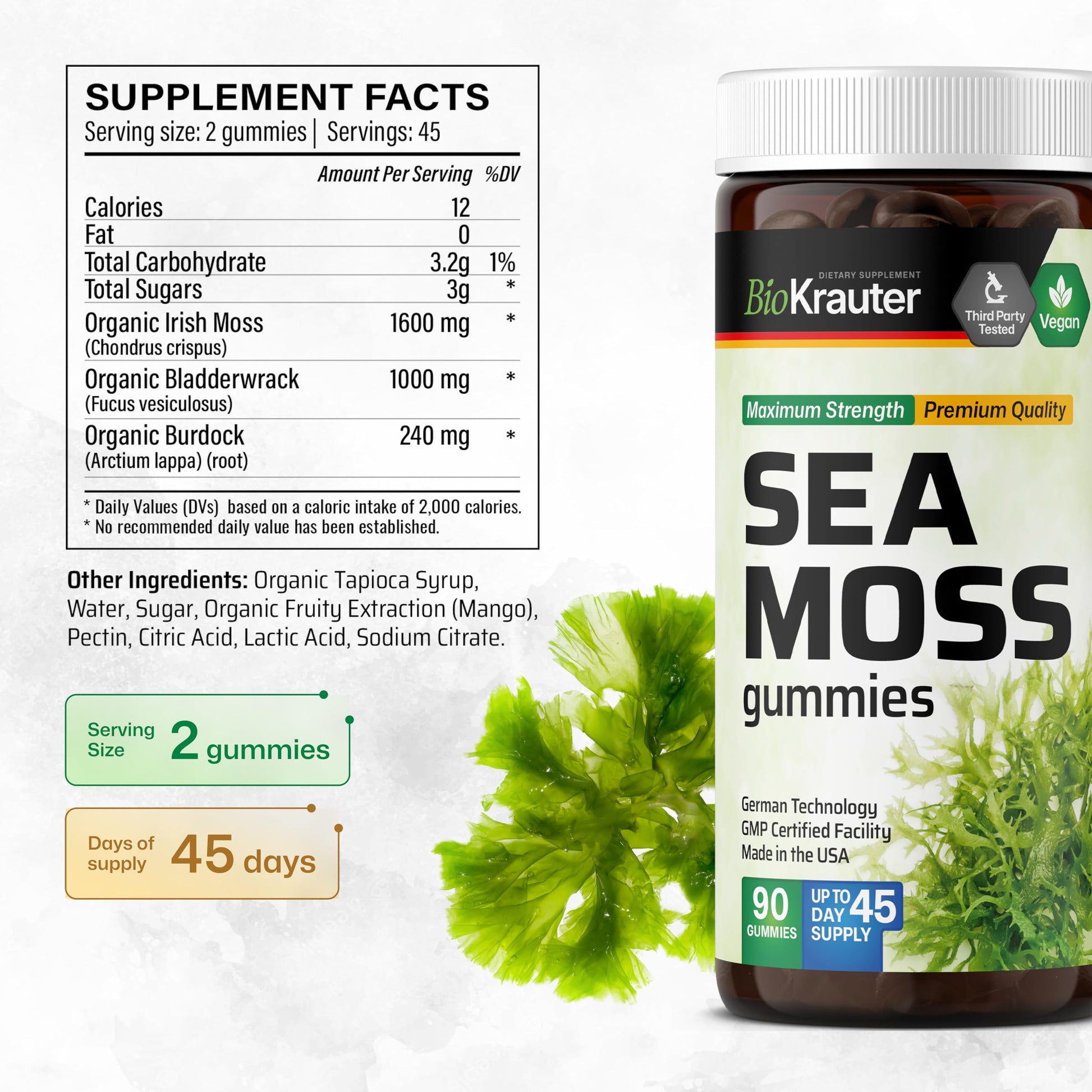 BIO KRAUTER® 3-in-1 Sea Moss for Thyroid Support - Vegan Sea Moss Gummies with Bladderwrack & Burdock Root for Women & Men - 90 Gummies Chondrus Crispus Formula, 45 Days of Supply, Mango Flavor BIO KRAUTER uk supplements