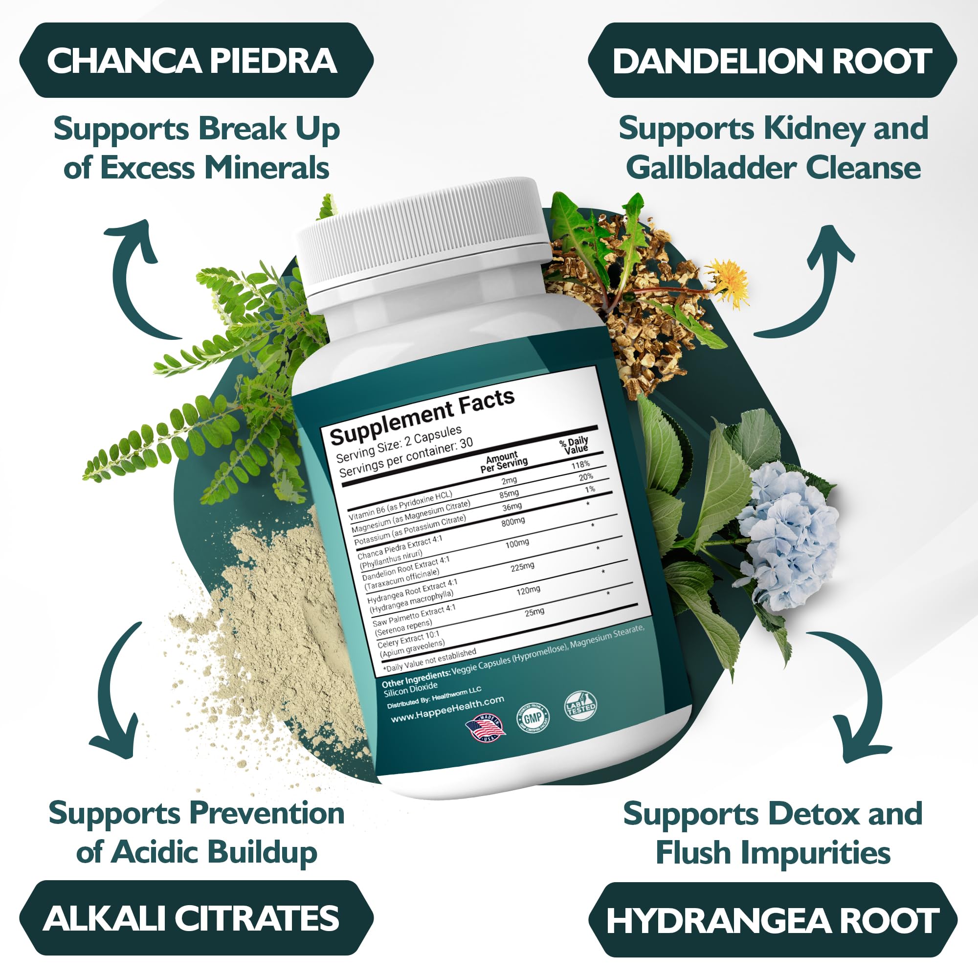 Happee Chanca Piedra Stone Breaker Kidney & Gallbladder Cleanse – Kidney Stone Dissolver & Passage Support - High Potency Phyllanthus Niruri with Magnesium, Potassium & Herbal Blend - 60 Capsules Happee uk supplements