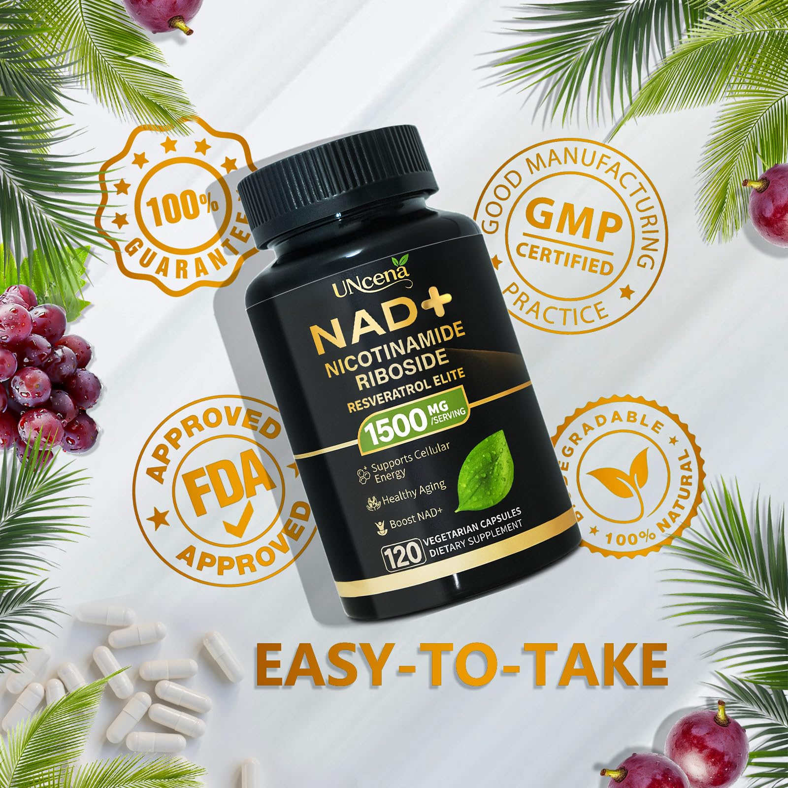 UNcena NAD Supplement 1500mg - Liposomal NAD+ Nicotinamide Riboside with Resveratrol, NAD Plus Boosting - Support Cellular Health, Stamina & Healthy Aging for Women & Men- 120 Capsules UNcena uk supplements