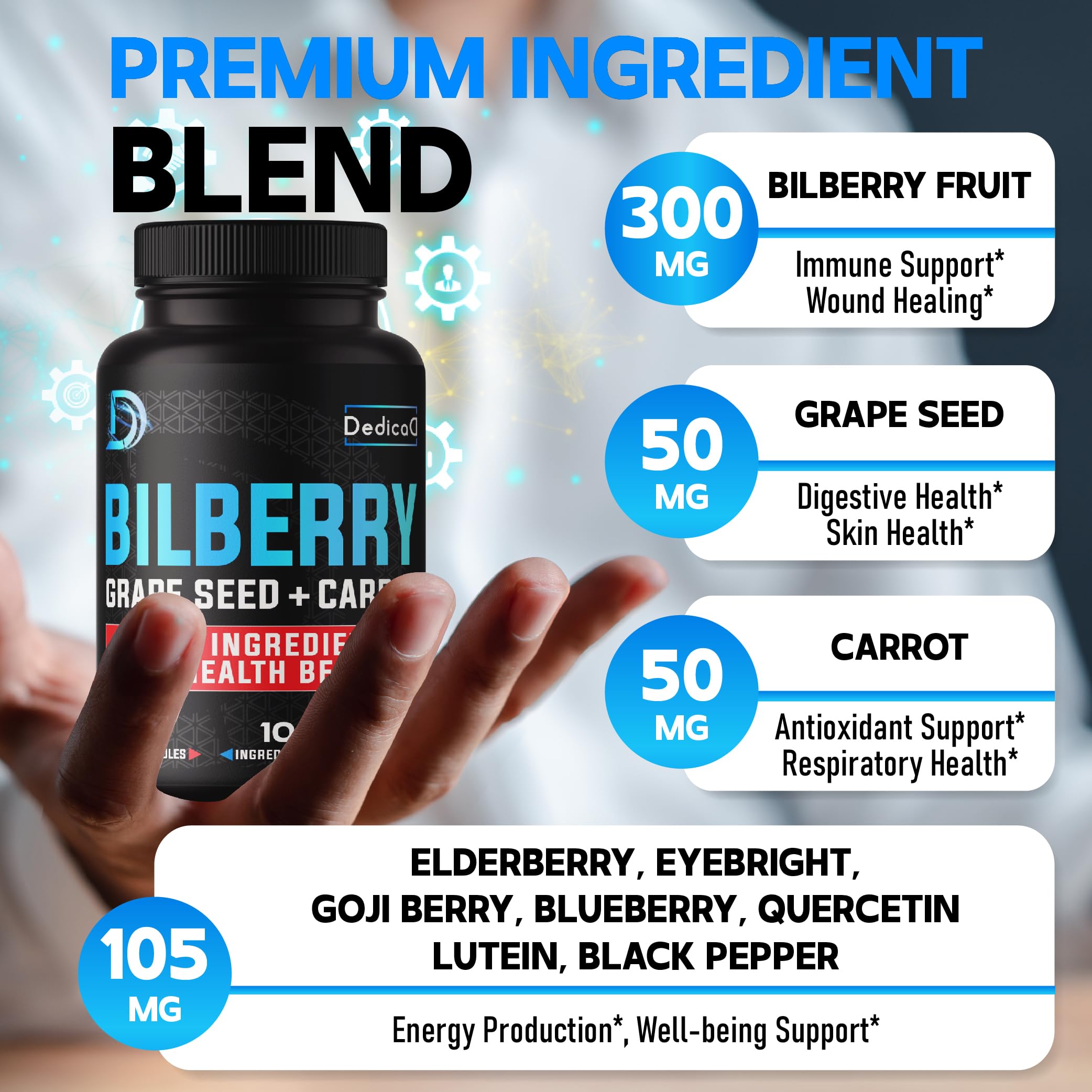 DEDICAD 20:1 Bilberry Extract Capsules - 5 Month Supply - Support Eyes, Vision & Heart Health - 10in1 Plus Grape Seed, Carrot, Elderberry, Eyebright & Others - 150 Counts DEDICAD uk supplements