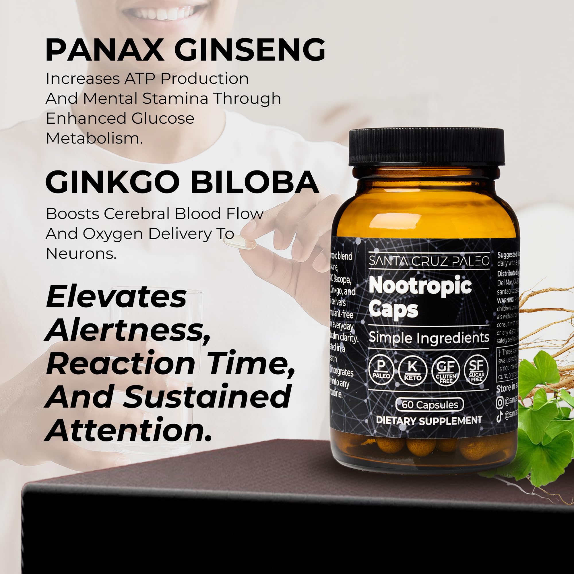 Santa Cruz Paleo Nootropic Capsules – Lions Mane, Alpha GPC, Panax Ginseng & Ginkgo Biloba for Focus, Memory, Mental Clarity & Energy – Keto, Paleo, Gluten Free Brain Supplement, 60 Caps Santa Cruz Paleo uk supplements