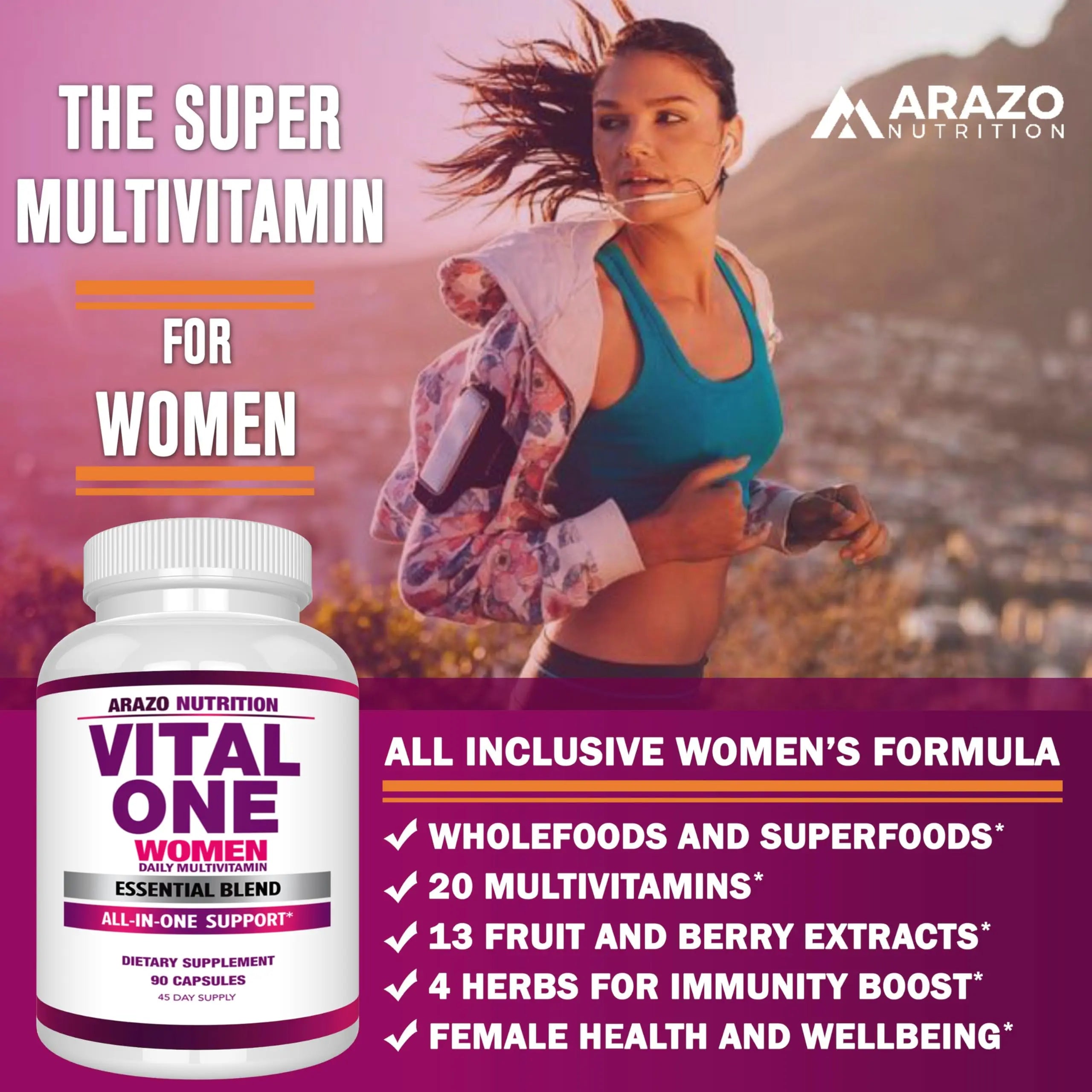 Arazo Nutrition Vital One Multivitamin for Women - Daily Wholefood Supplement - 90 Vegan Capsules Arazo Nutrition uk supplements