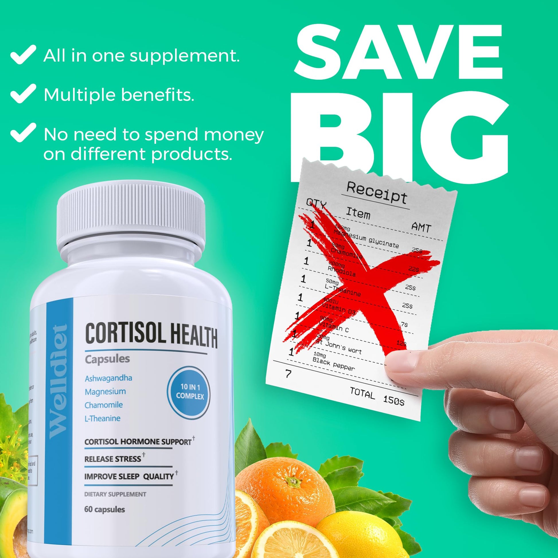 10-in-1 Cortisol Supplements with Magnesium, Ashwagandha, Chamomile, L-Theanine, St. John's Wort, Rhodiola, 60 Capsules, Cortisol Supplements For Women -& Men, Cortisol Reducer, High cortisol Welldiet uk supplements