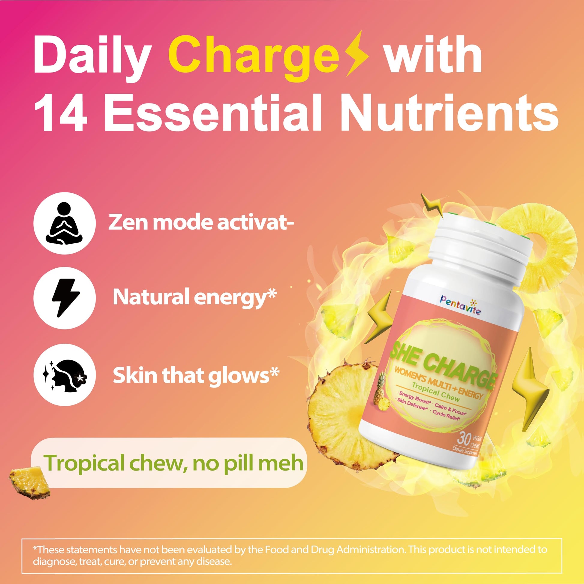 Pentavite She Charge Multivitamin for Women, Pineapple Tropical Chew, Daily Vitamin Supplements with Folate, Support Energy, Calm & Focus, Skin Defense and Cycle Pentavite uk supplements