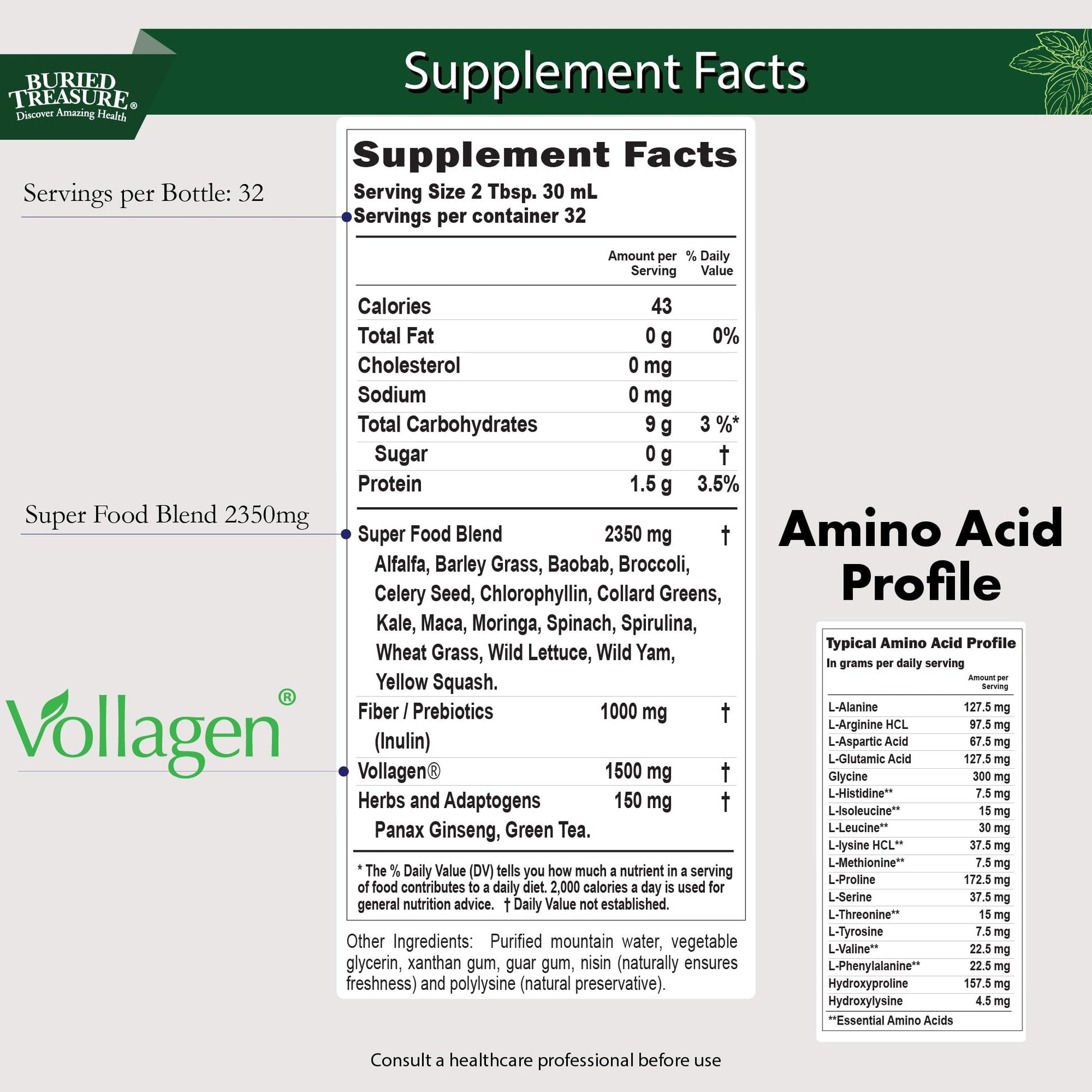 Buried Treasure Green20 Fusion – Superfood Blend with Vollagen for Skin, Hair, and Joint Support, Plant-Based, Vegan, Non-GMO Gluten-Free, Dairy-Free, Soy-Free, 32oz Liquid Buried Treasure uk supplements