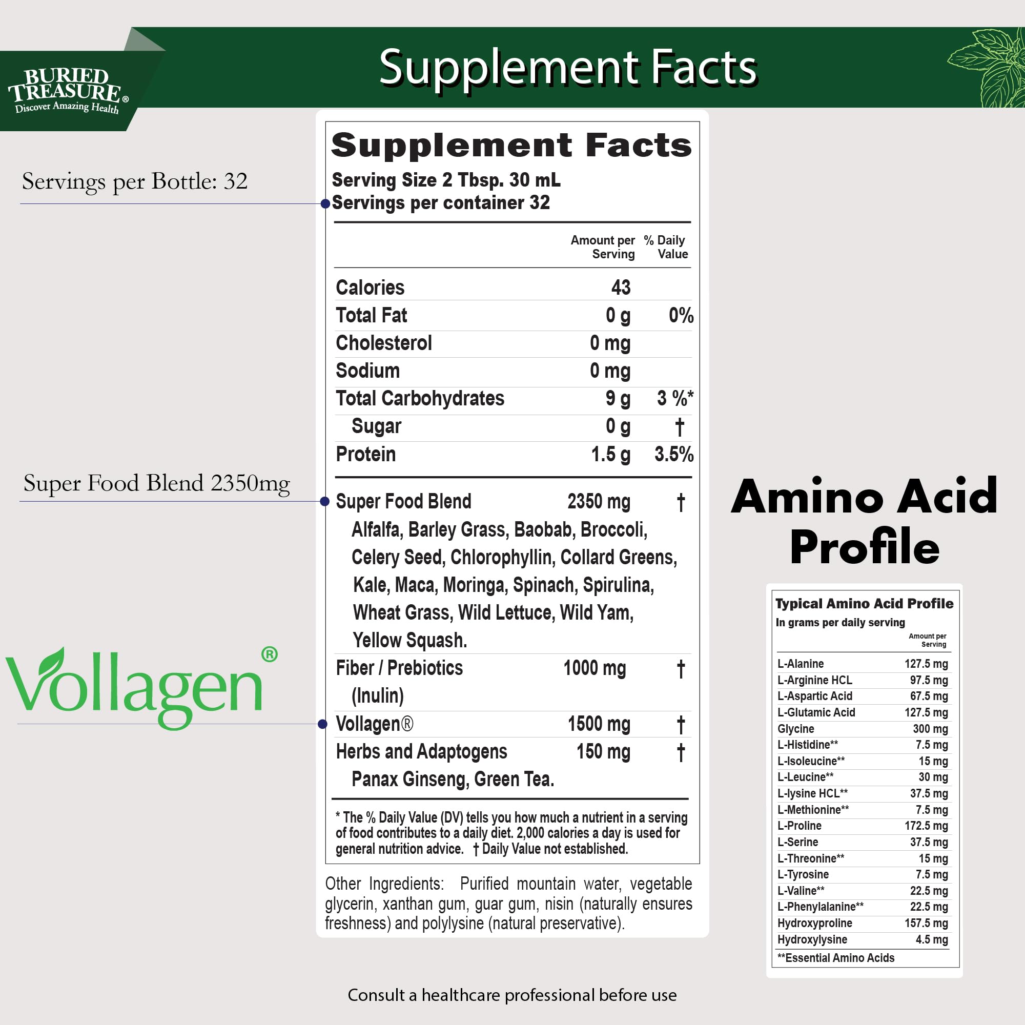 Buried Treasure Green20 Fusion – Superfood Blend with Vollagen for Skin, Hair, and Joint Support, Plant-Based, Vegan, Non-GMO Gluten-Free, Dairy-Free, Soy-Free, 32oz Liquid Buried Treasure uk supplements