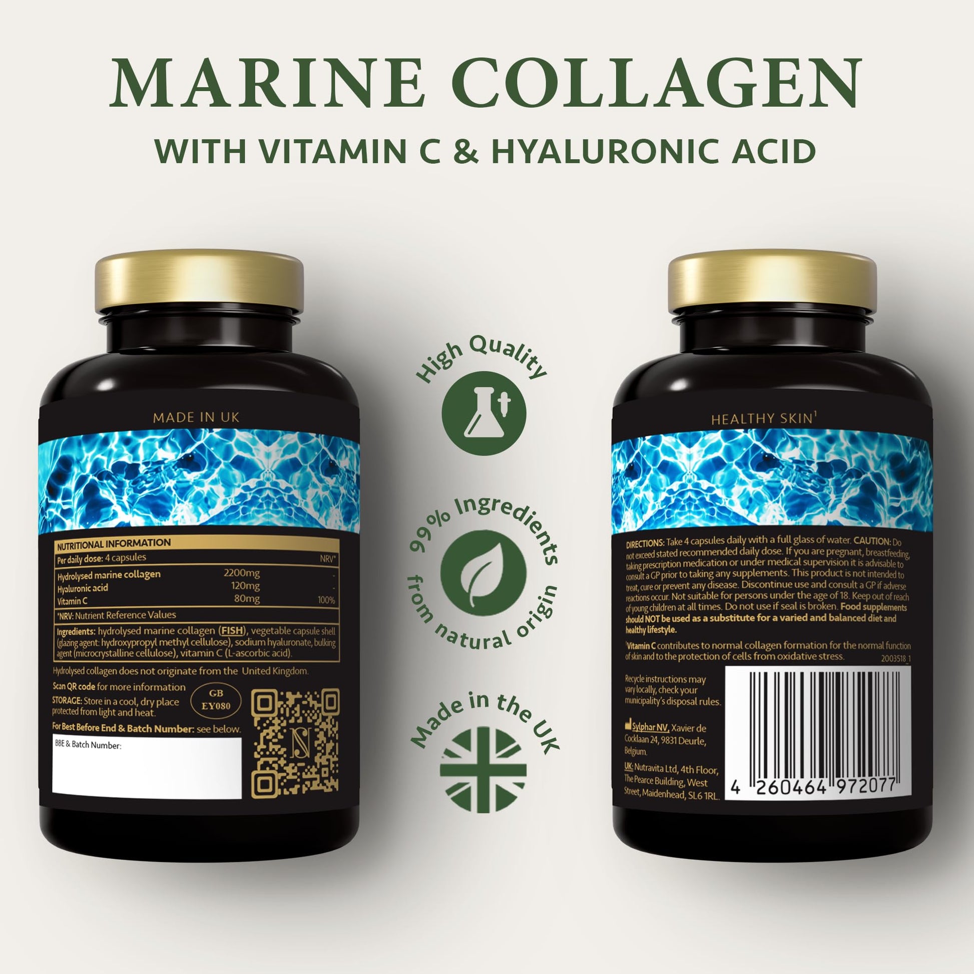 Marine Collagen Capsules with Hyaluronic Acid + Vitamin C 2400mg - High Strength Collagen SatinNaturel uk supplements