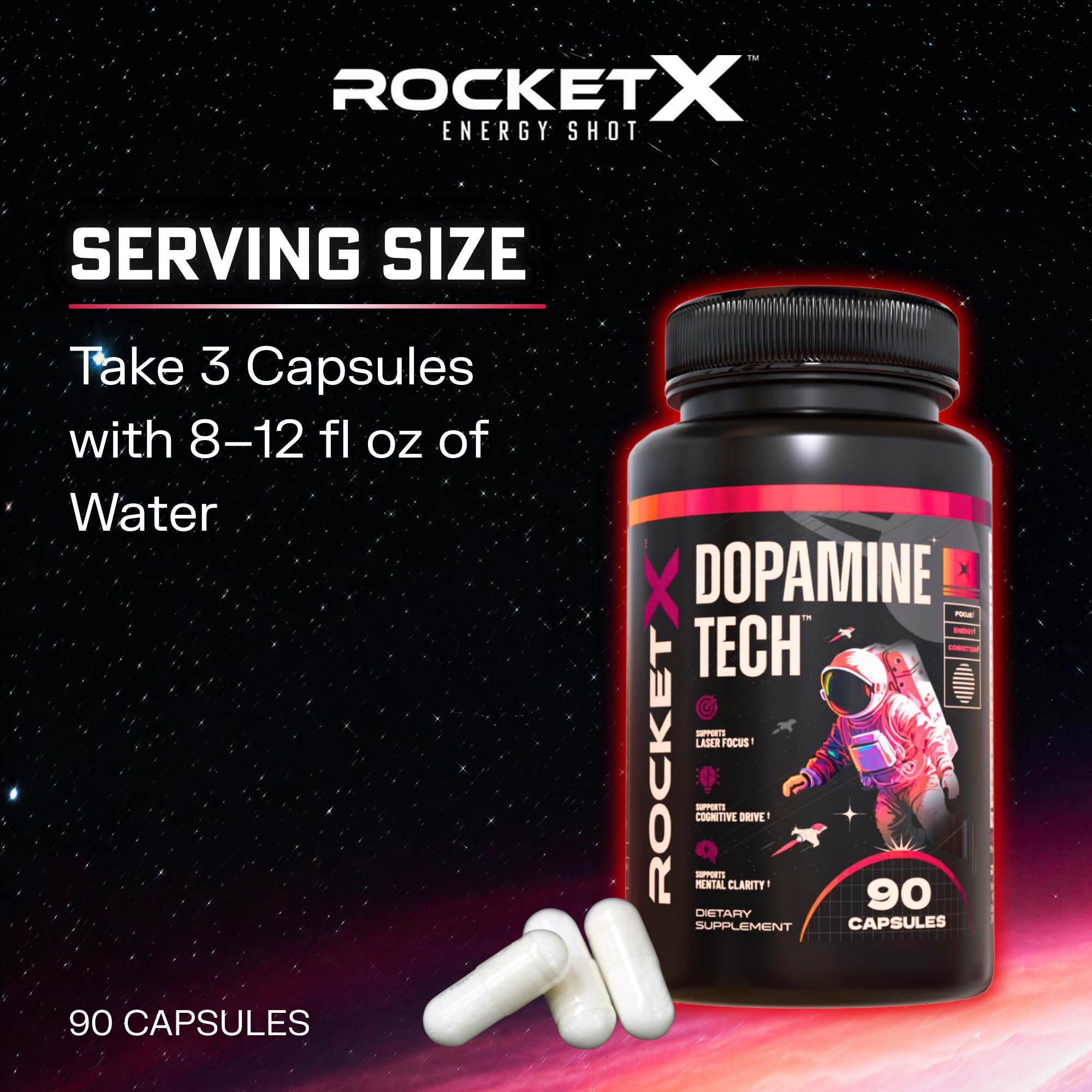 RocketX Dopamine Tech Brain Food Supplement, with L-Tyrosine and B Vitamins for Focus, Mental Clarity and Cognitive Drive, Vegan Capsules, 90 Capsules RocketX Energy uk supplements