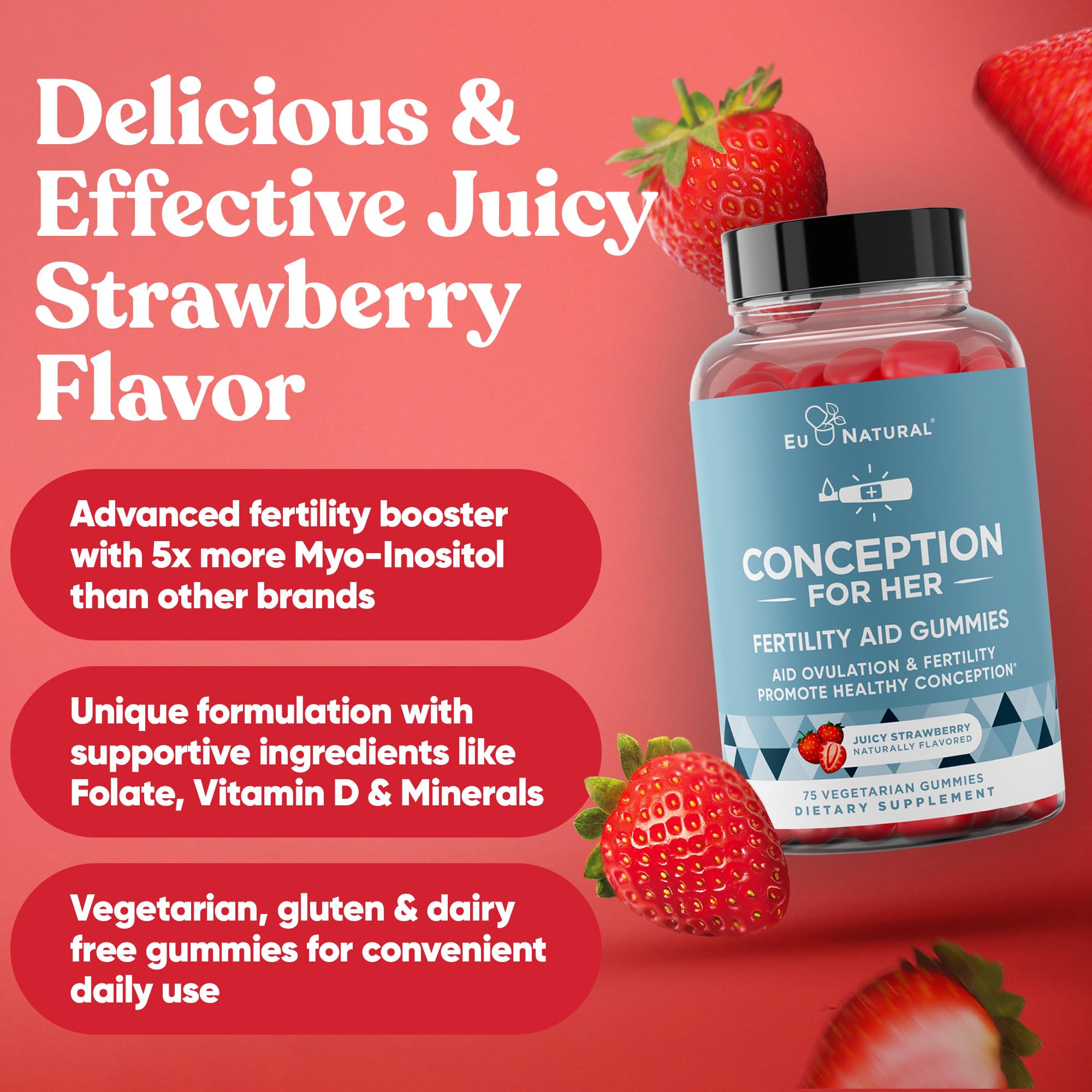 Conception for Her Fertility Gummies - Fertility Supplements for Women with Myo Inositol, Folate & more Essential Nutrients - Delicious Juicy Strawberry Hormone Balance Vitamins, 75 ct Pectin Gummies Eu Natural uk supplements