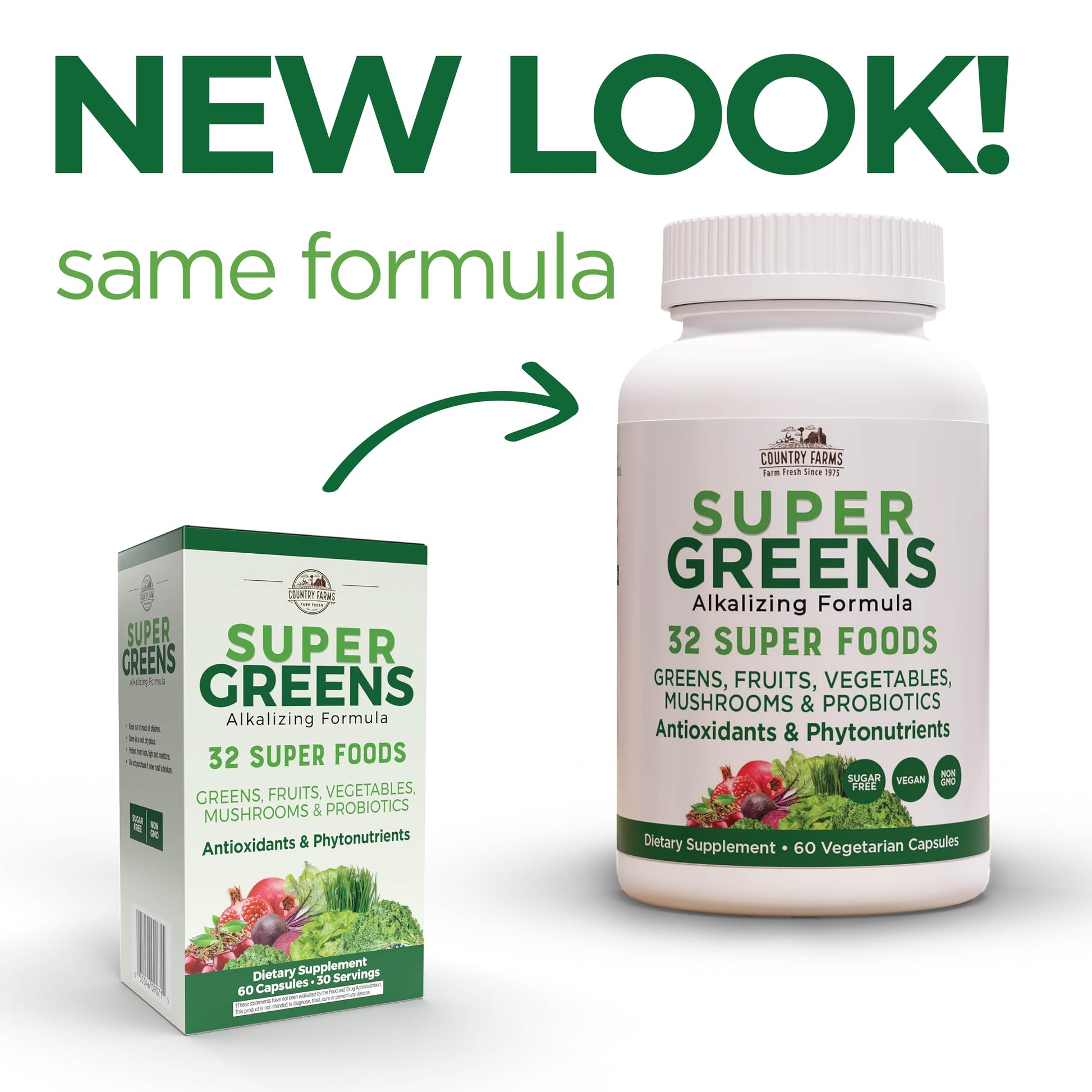 Country Farms Super Greens Vegicaps, 32 Super Foods, Whole Food Supplement, Greens, Fruit, Vegetables, Mushrooms & Probiotics, Rich in Antioxidants & Phytonutrients, 60 Count, 30 Servings Country Farms uk supplements
