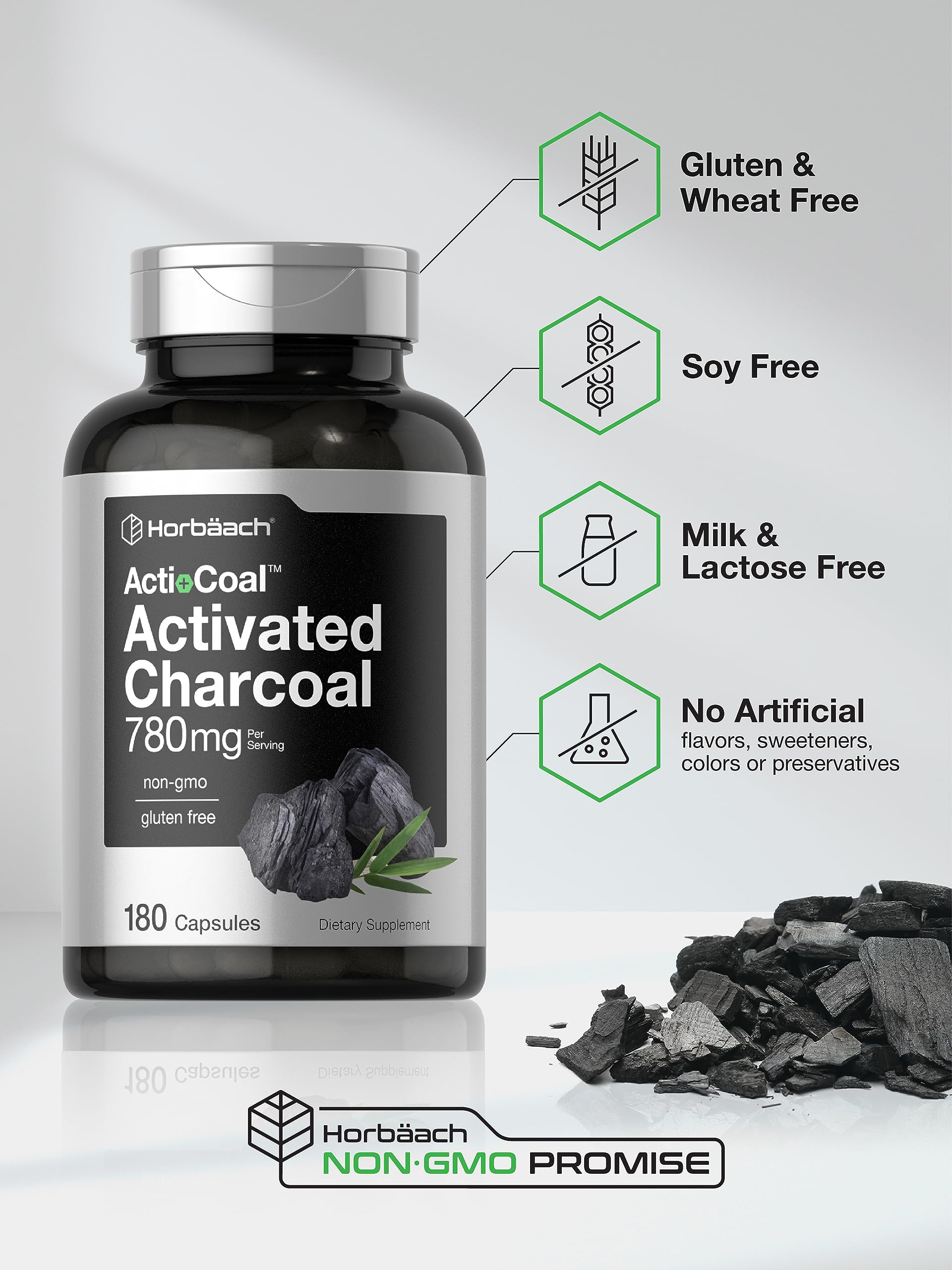Charcoal Pills 780mg | 180 Capsules | Activated Charcoal from Coconut Shells | Non-GMO Horbäach uk supplements