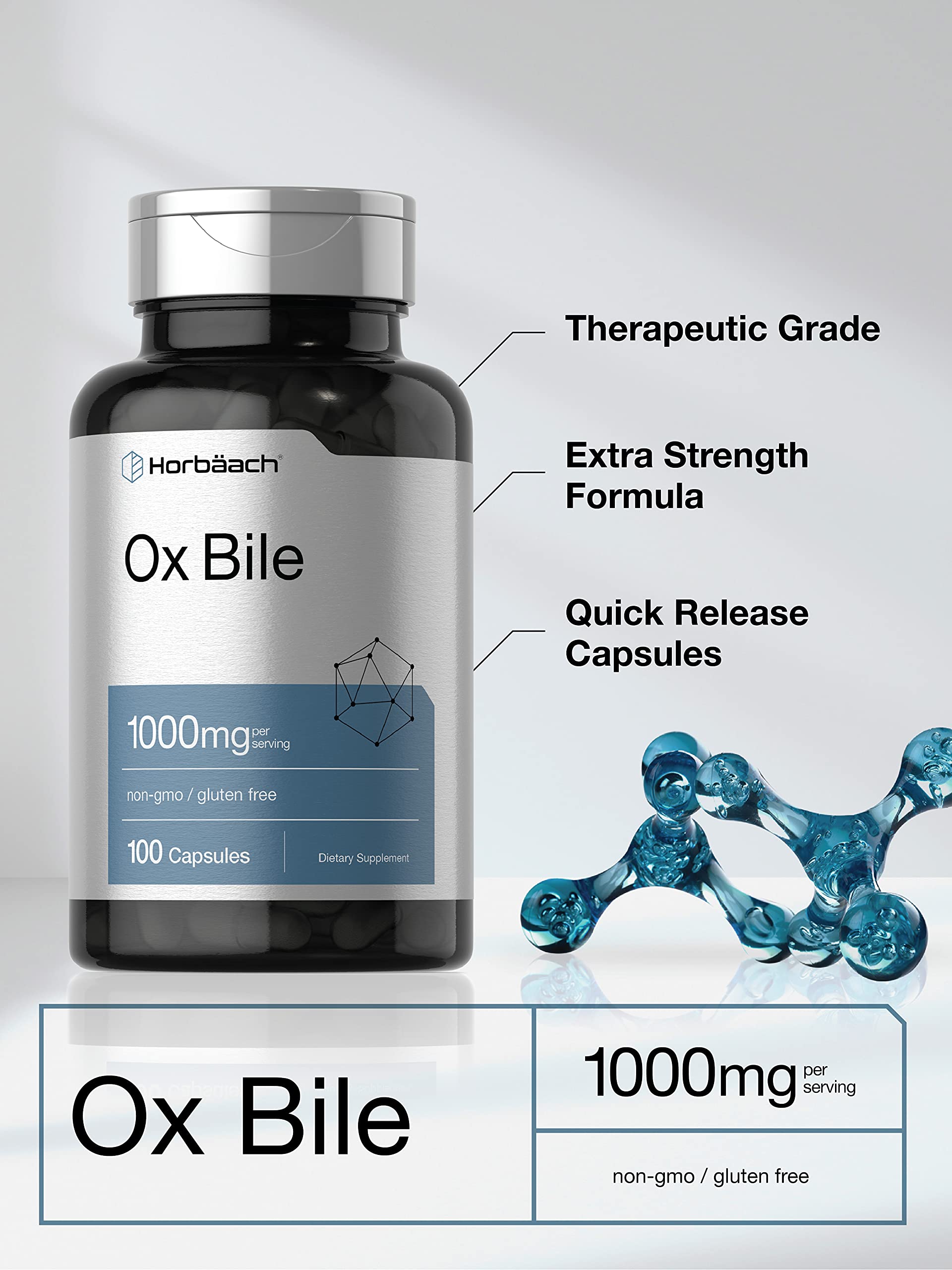 Ox Bile 1000 mg 100 Capsules | Digestive Enzymes Supplement | Non-GMO & Gluten Free Horbäach uk supplements