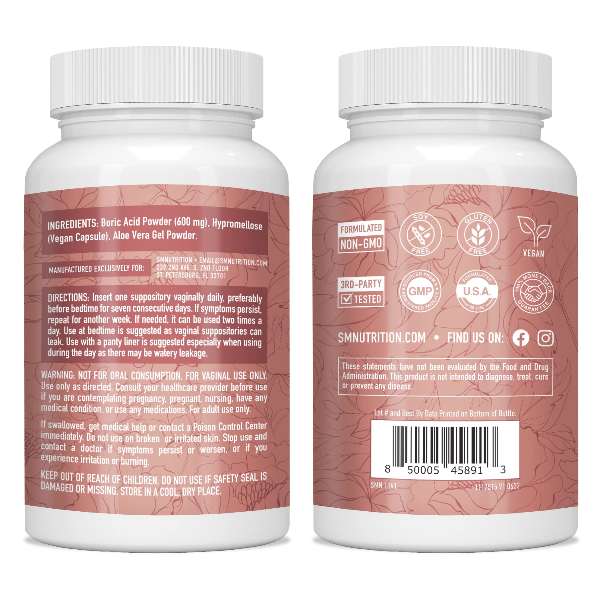 Boric Acid Suppositories for Women | 600mg | for pH Balance, Vaginal Odor & Itching | Feminine Intimate Health SMNutrition uk supplements