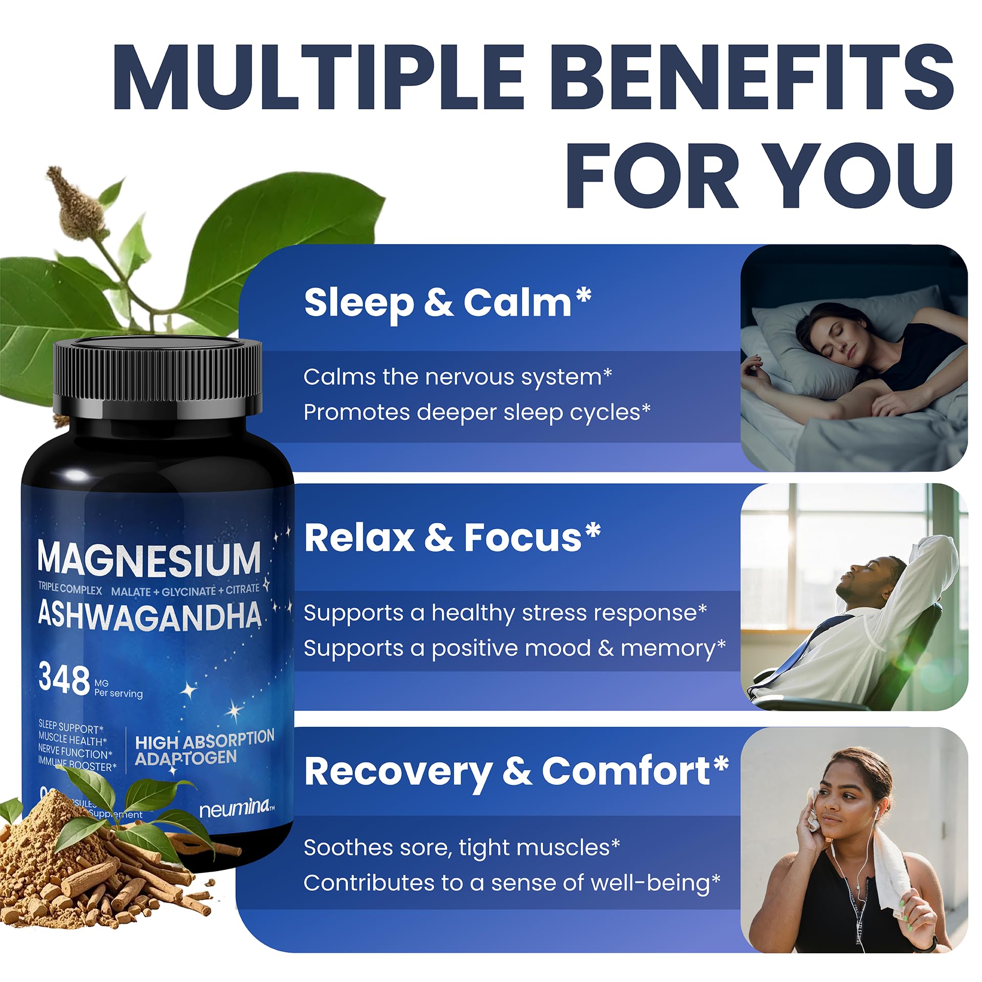 Magnesium Ashwagandha Complex | High-Absorption Multi Magnesium Supports Stress Relief, Sleep, Muscle & Heart Health | Vegan, Non-GMO, Gluten-Free, Made in USA, 90 Capsules((45-Day Supply) NEUMINA uk supplements
