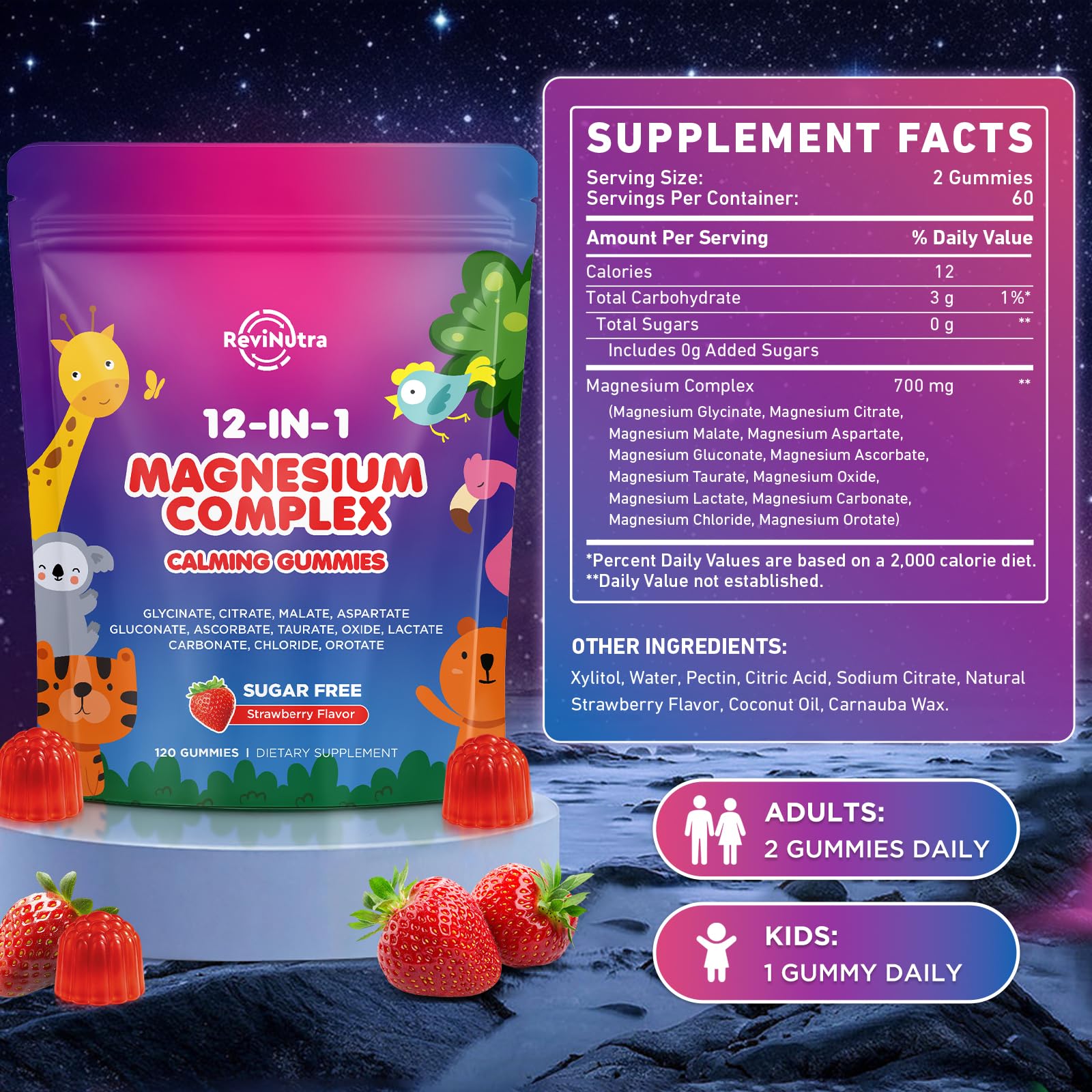 Magnesium Complex 700mg - 12 in 1 Magnesium Gummies with Glycinate, Citrate, Malate, Oxide, Taurate, Aspartate, Orotate - Supports Relaxation, Muscle & Heart - Sugar Free Strawberry 120 Count ReviNutra uk supplements