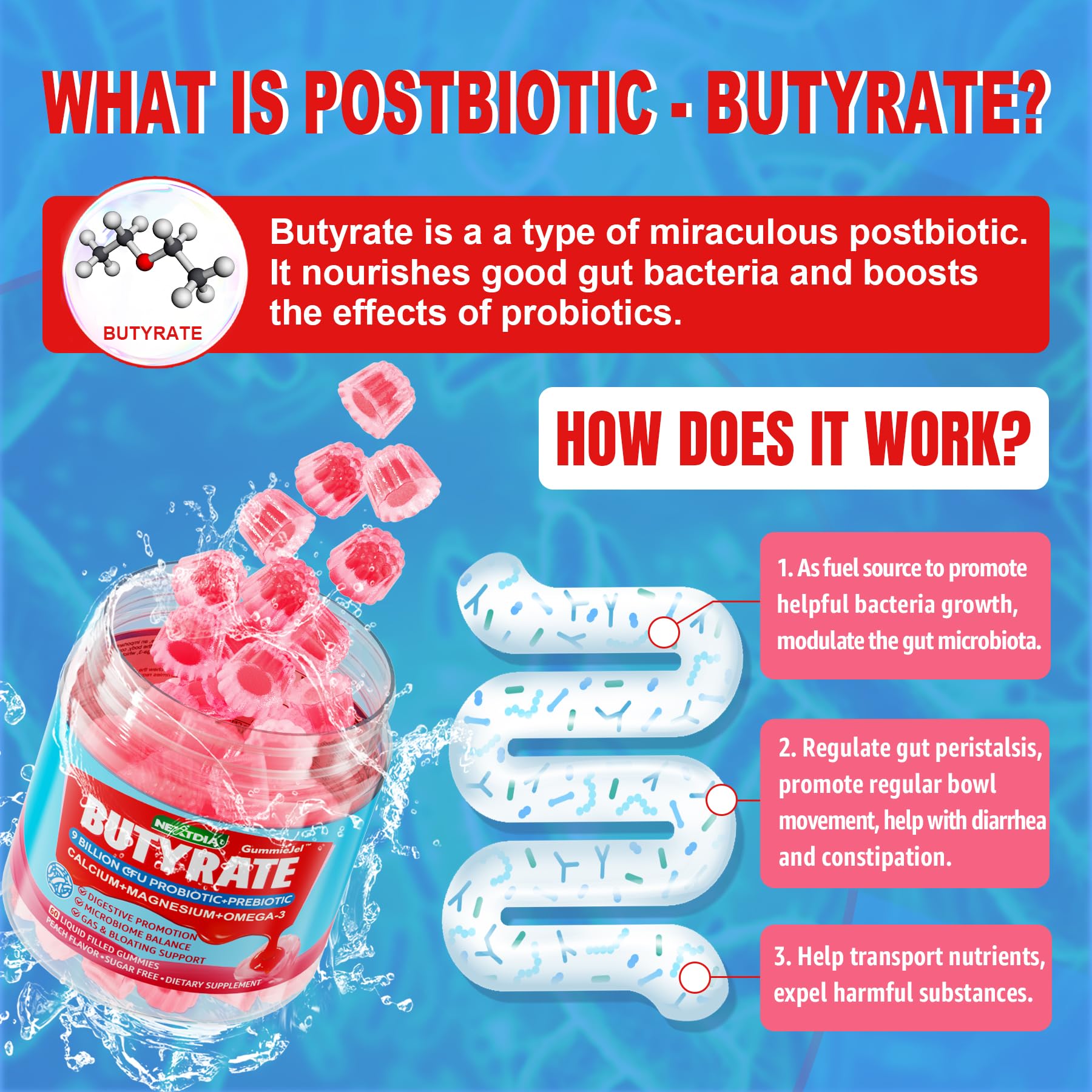Butyrate Gummies with Probiotic + Prebiotic + Postbiotic, Omega-3 500mg,Fiber with 9 Billion CFU Probiotics, Calcium & Magnesium, Inulin,Psyllium Husk for Digestive Health,Bloating Support,Sugar Free Nextdia uk supplements