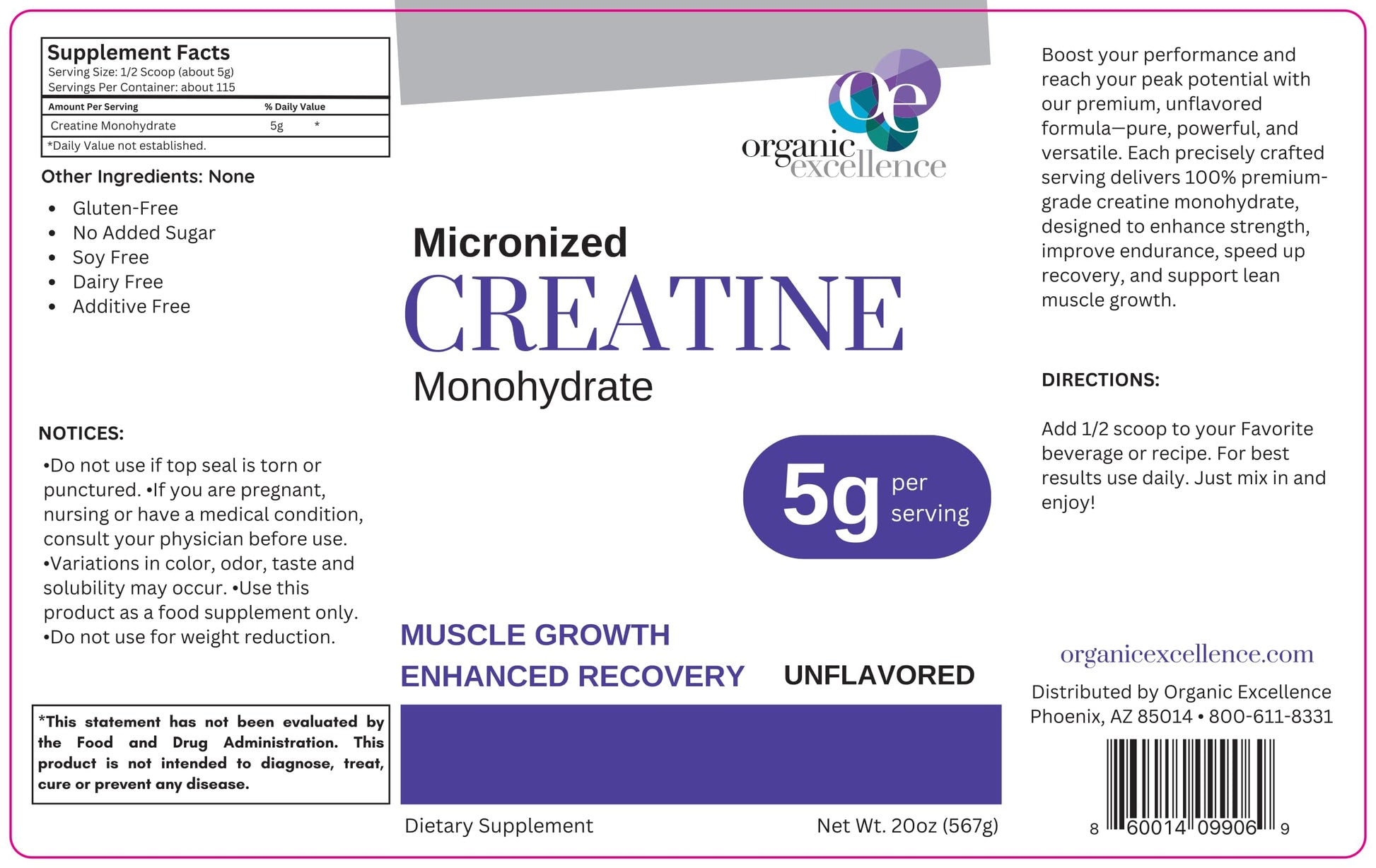 Organic Excellence Creatine Monohydrate – Micronized Creatine Powder for Muscle Growth, Strength & Recovery – Unflavored, 115 Servings Organic Excellence uk supplements