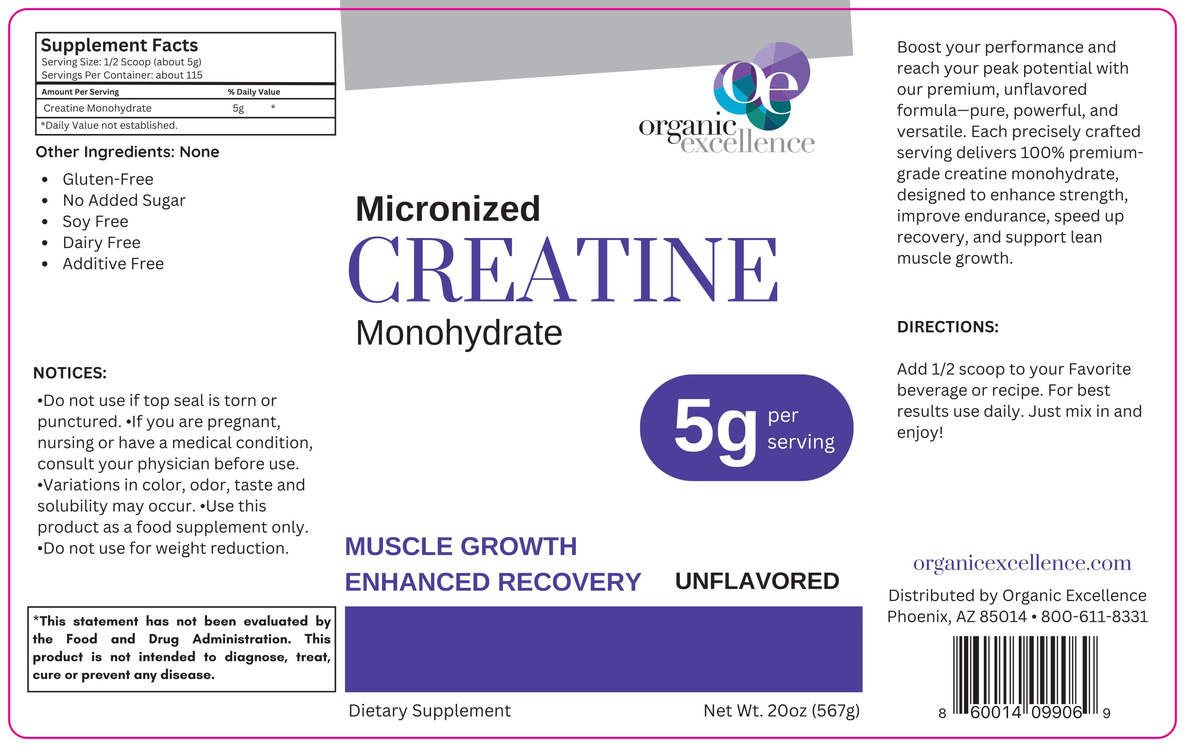 Organic Excellence Creatine Monohydrate – Micronized Creatine Powder for Muscle Growth, Strength & Recovery – Unflavored, 115 Servings Organic Excellence uk supplements