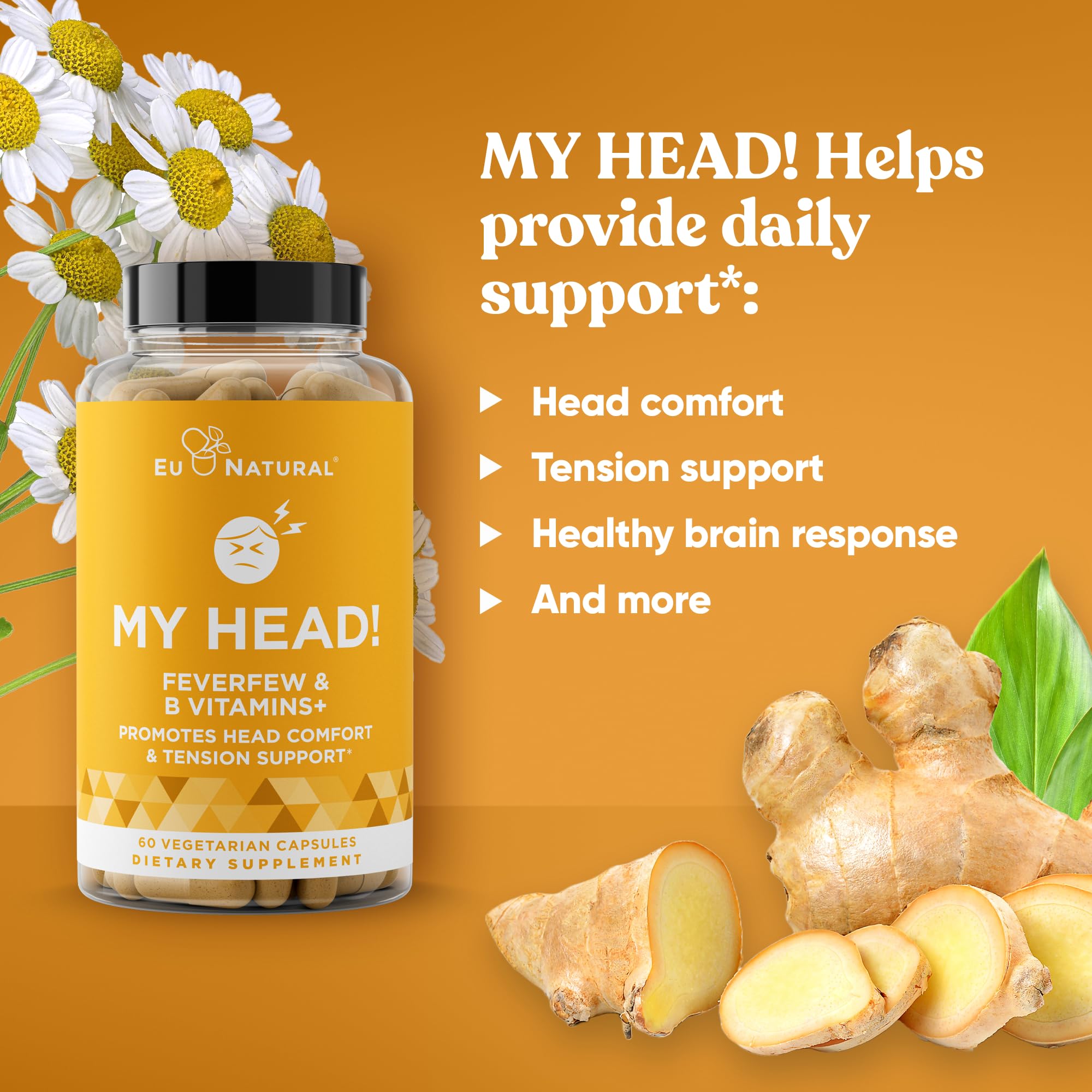 My Head! Headache Vitamins – Sensitivity, Tension, Comfort, Healthy Head Function for A Clear Mind – Fast acting Magnesium, Feverfew, Boswellia, Vitamin D, Ginger, & More – 60 Soft Capsules Eu Natural uk supplements