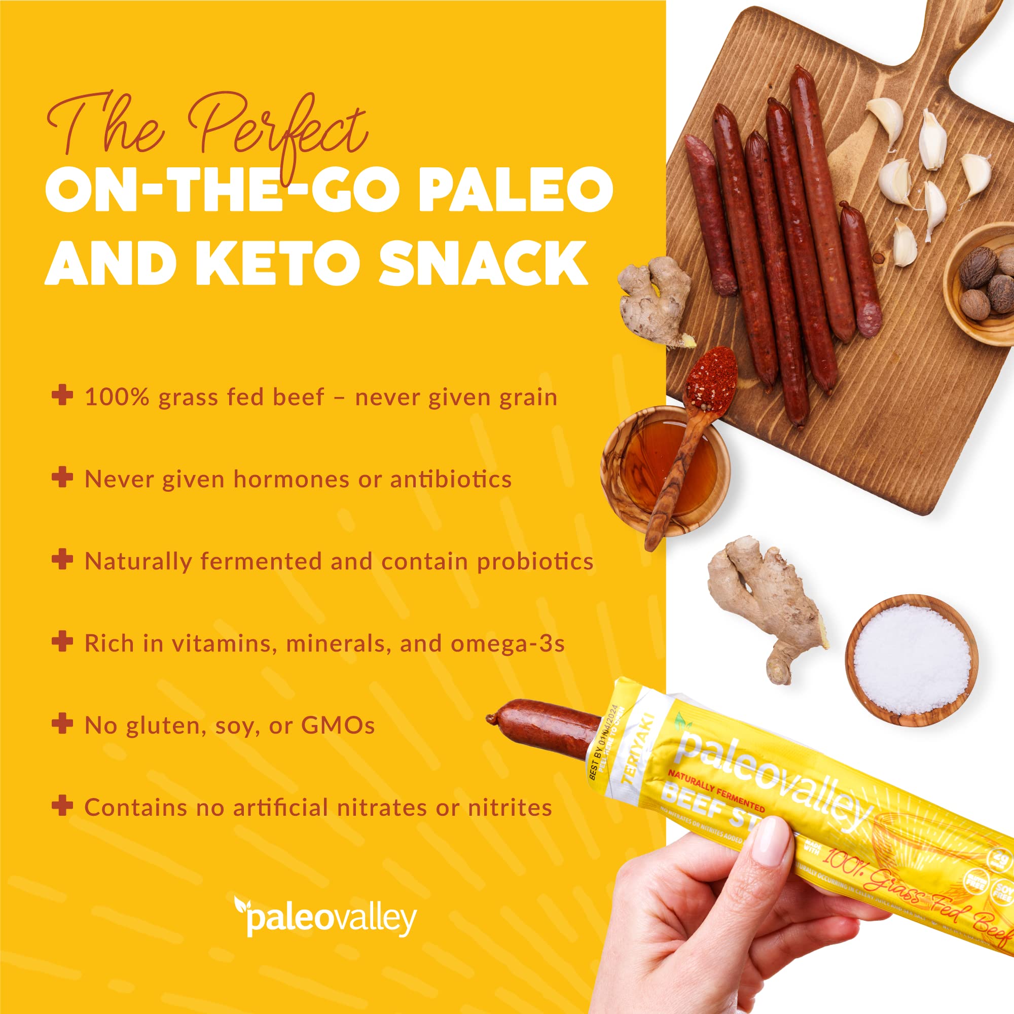 Paleovalley 100% Grass Fed Teriyaki Beef Sticks - Delicious Gluten Free Beef Snack - High Protein Keto Friendly Paleovalley uk supplements
