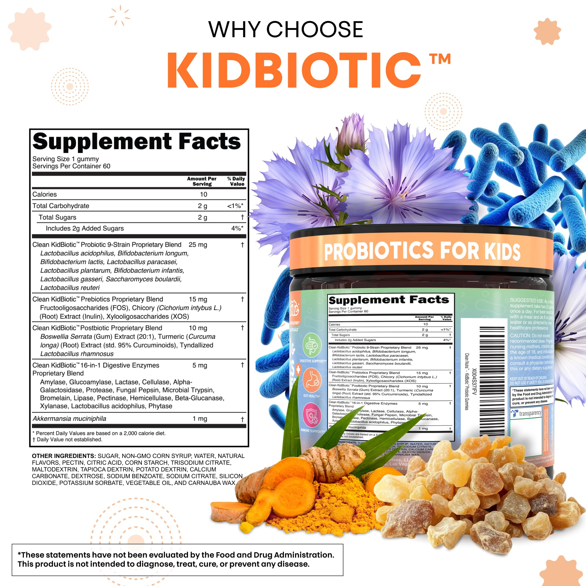 Clean Nutra Kids Probiotics Gummies with Prebiotics, Postbiotics, Digestive Enzymes, Akkermansia, Boswellia Serrata, Turmeric, Chicory – 60 Count – Plant-Based Supplement for Kids – PeachPop Flavor Clean Nutraceuticals uk supplements