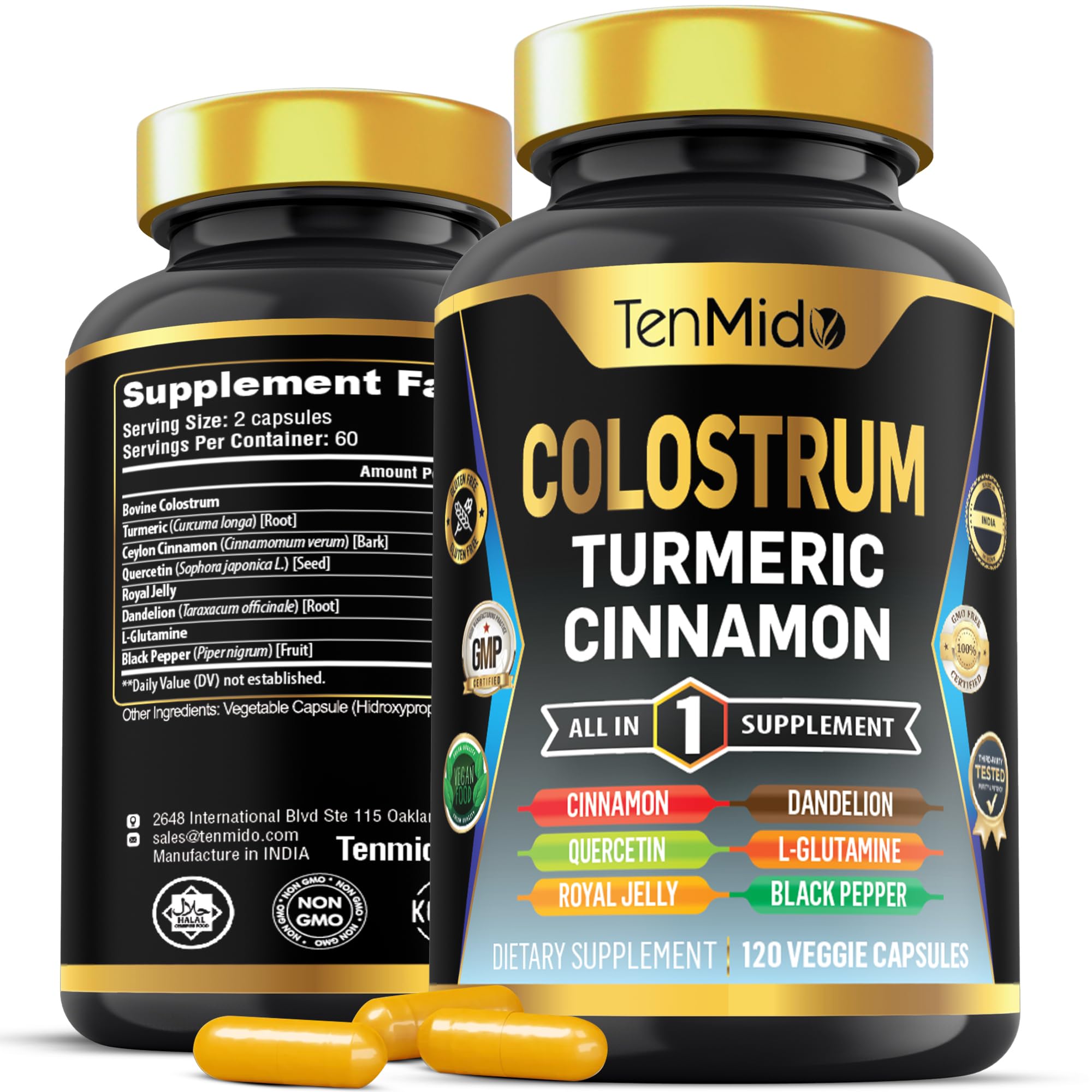 Tenmido Colostrum Supplement - 8in1 Formula - Combine with Turmeric, Ceylon Cinnamon, Quercetin, Royal Jelly, Dandelion, L- Glutamine, and Black Pepper - Digestive Health Support - 120 Capsules Tenmido uk supplements
