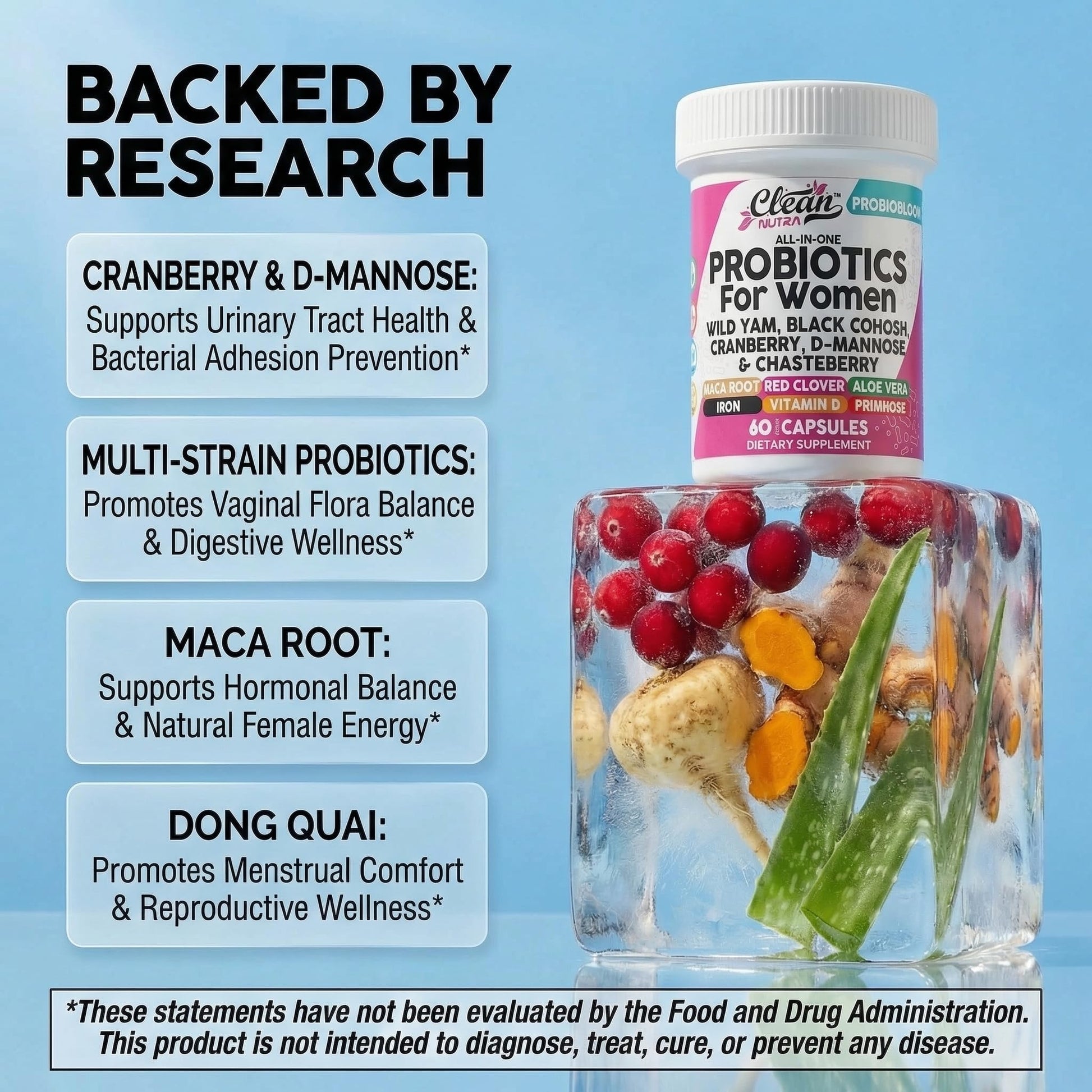 Clean Nutraceuticals Probiotics for Women with D Mannose, Cranberry Extract, Wild Yam, Chasteberry - 20 Probiotic and Prebiotic Strains - PH Balance, Womens Probiotic for Digestive Health - 60 Count Clean Nutraceuticals uk supplements