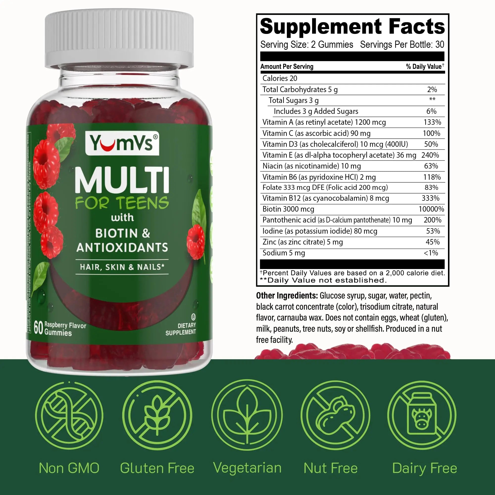 YumVs Teen Multivitamin Gummies with Biotin and Antioxidants - Raspberry Flavor - Hair Skin Nails Support - Kosher Teenager Vitamins YUM-V'S uk supplements