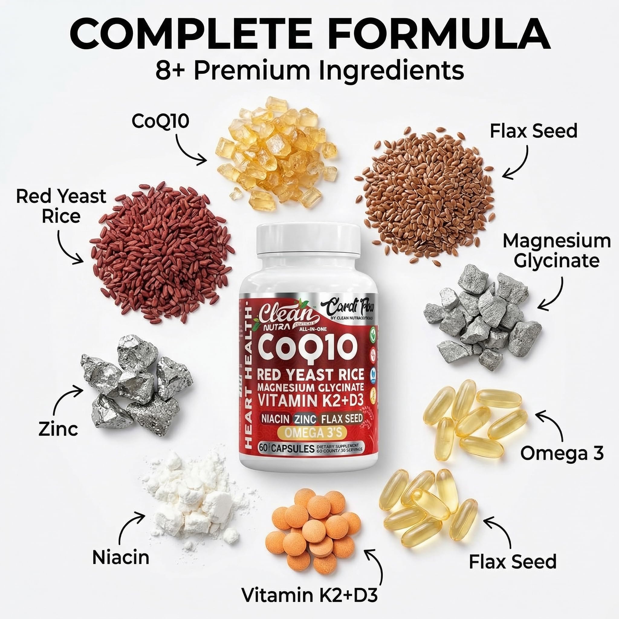 Clean Nutra CoQ10 Red Yeast Rice Magnesium Glycinate Vitamin K2 D3 Niacin Zinc Flax Seed Omega 3 Capsules 60 Count All in One Formula Premium Ingredients Dietary Supplement Clean Nutraceuticals uk supplements