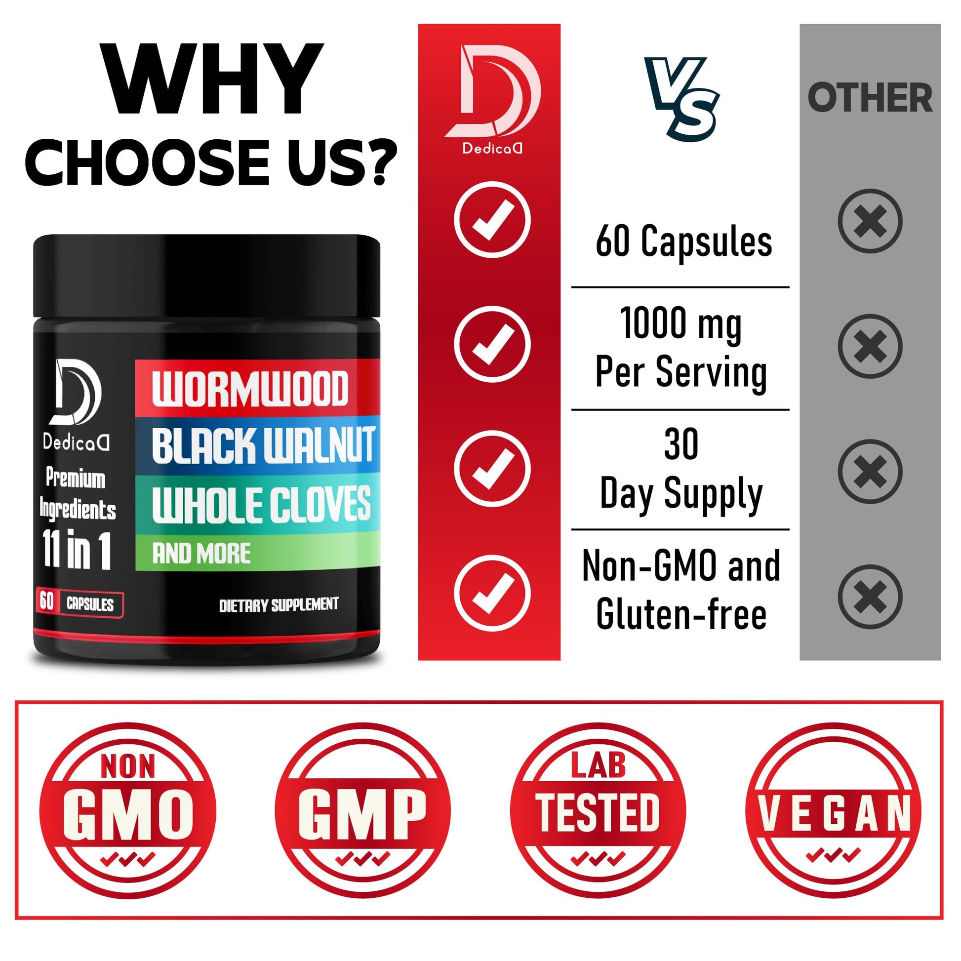 DEDICAD Wormwood Capsules Supplement - Extracted from Black Walnut, Cloves, Turmeric, Apple, Berberine HCl & More - 11 Ingredients Combined for Immune System, Body Management - 60 Capsules DEDICAD uk supplements