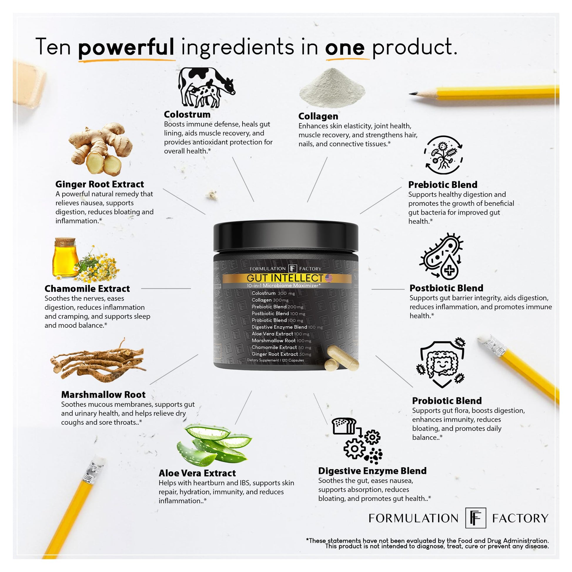 Formulation Factory Probiotics for Women & Men - Gut Intellect 10-in-1 Digestive Enzymes with Prebiotics and Postbiotics - Total Gut Health Supplement - 120 Capsules, 2 Month Supply Formulation Factory uk supplements