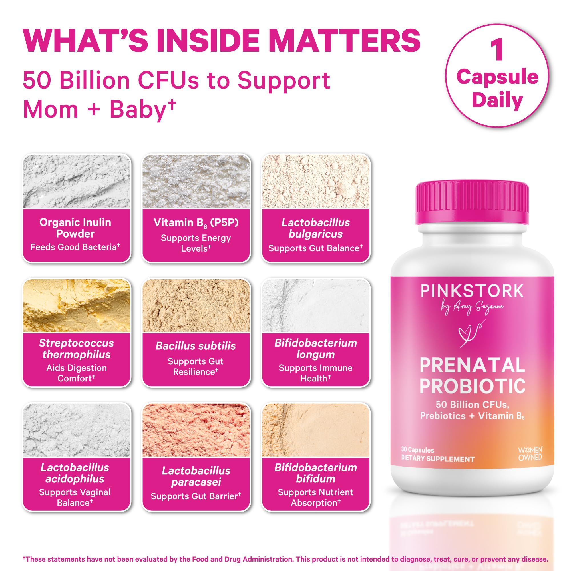 Pink Stork Prenatal Probiotic for Women with 50 Billion CFU | Vitamin B6 & Prebiotics | Pregnancy Probiotics for Morning Sickness | Digestive, Immune, & Gut Health | Vegan & Gluten-Free | 30 Capsules Pink Stork uk supplements