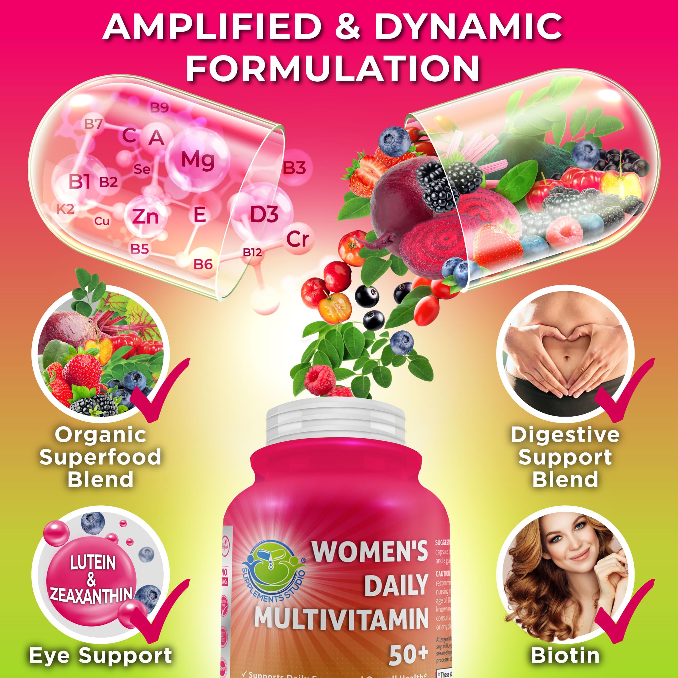 Women's Daily Multivitamin 50 Plus - Vegan Methylated Multivitamin for Women 50 and Over with Biotin, Organic Superfoods & Lutein SUPPLEMENTS STUDIO uk supplements