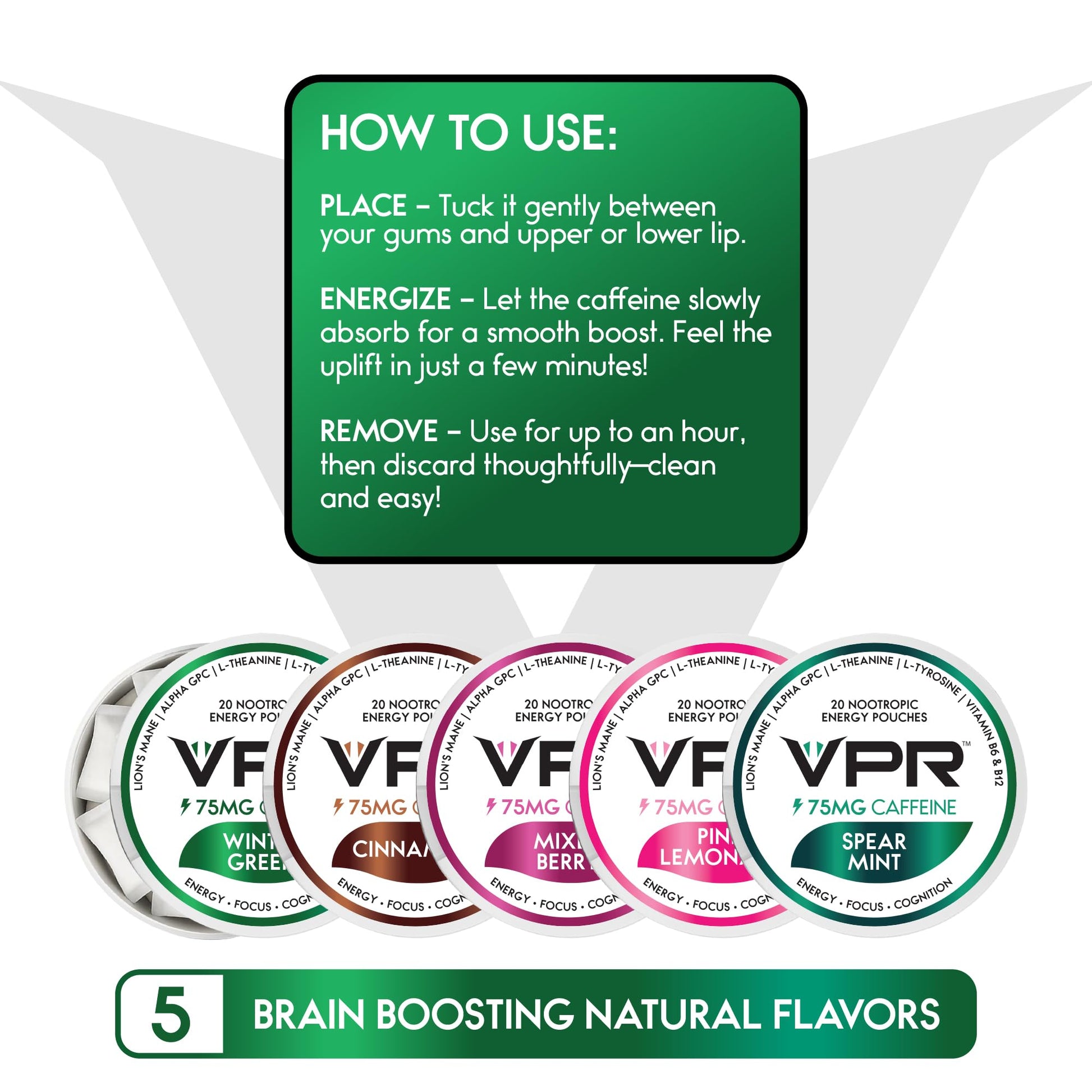 VPR 75MG Caffeine Nootropic Pouches | 20 Count Energy Pouches with Lion's Mane, Alpha-GPC, Vitamin B6 & B12, L-Theanine, and L-Tyrosine | Naturally Flavored Focus Pouches with No Sugar (Variety Pack) VPR Energy uk supplements
