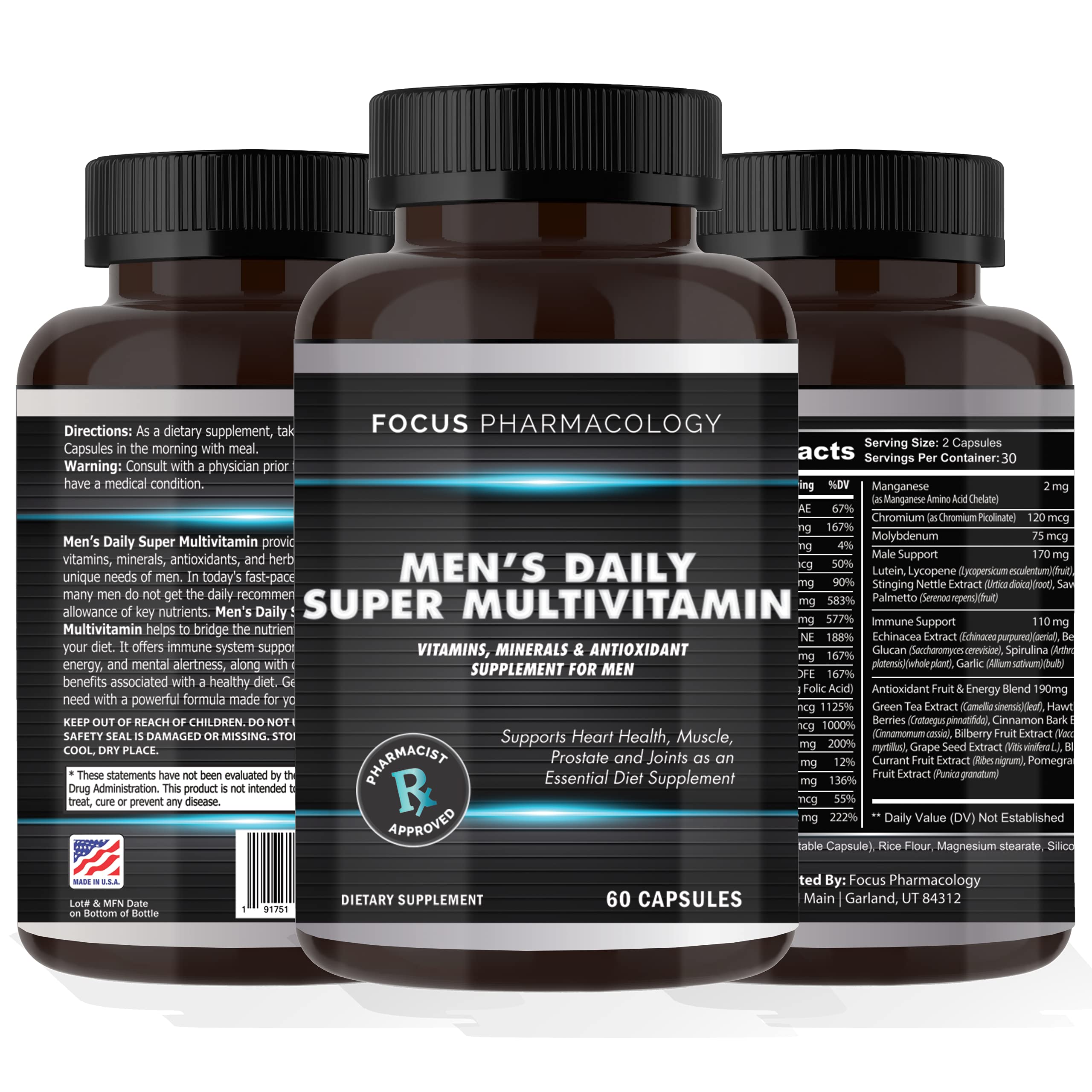 Focus Pharmacology Men's Daily Super Multi-Vitamin for Men - 60 Ct Blend of Vitamins, Minerals, Plus Herbs for Prostate Health and General Energy/Focus Focus Pharmacology uk supplements