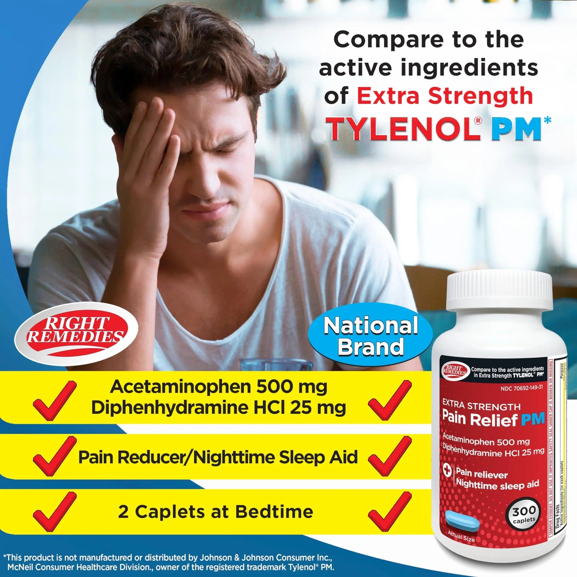 Right Remedies Extra Strength Pain Relief PM & Nighttime Sleep Aid Caplets,(300 count), Acetaminophen 500 mg & Diphenhydramine HCl 25 mg, Non-Habit Forming, Compare to Active ingredients of Tylenol PM RIGHT REMEDIES uk supplements