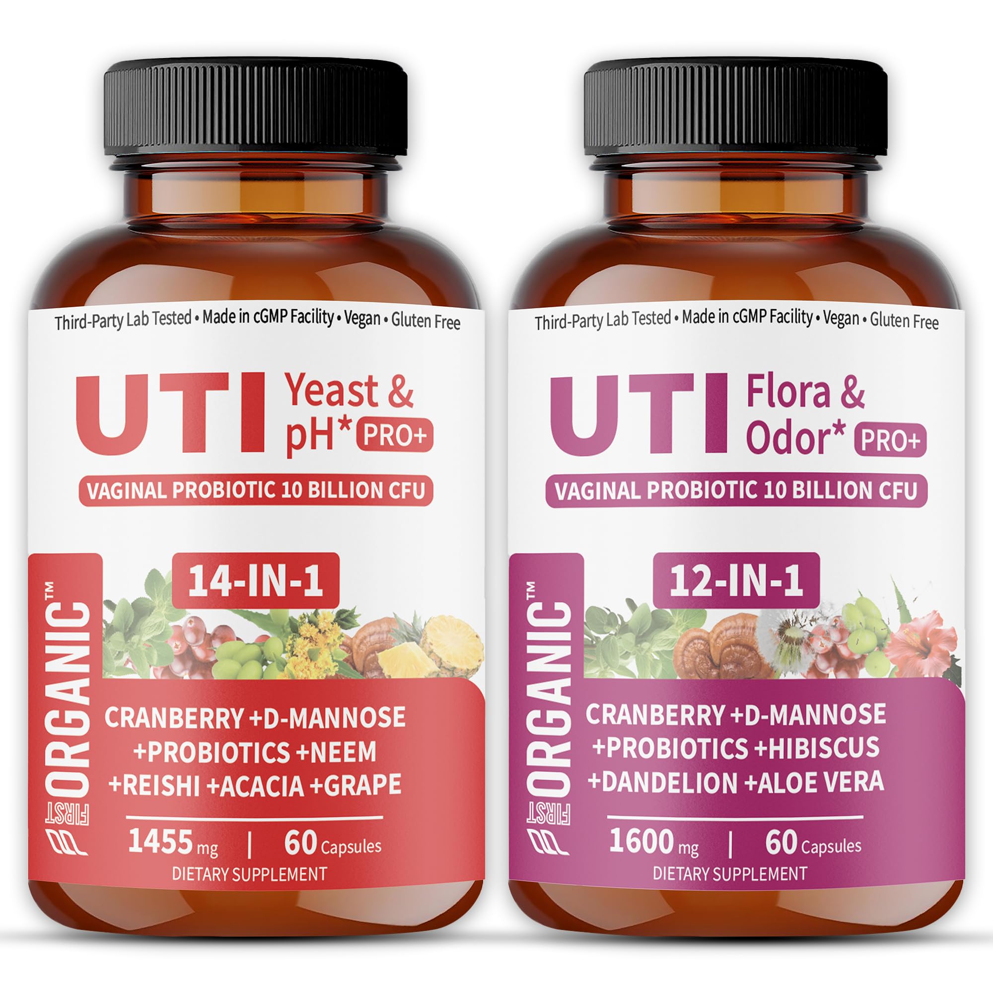UTI Flora & Odor Pro+ & UTI Yeast & pH Pro+ | Pack of 2 | Vaginal Probiotics for Feminine Hydration & Freshness Support | Third-party Tested, cGMP Facility, Vegan, Non-GMO, Gluten-Free | 60+60 Caps FIRSTORGANIC uk supplements