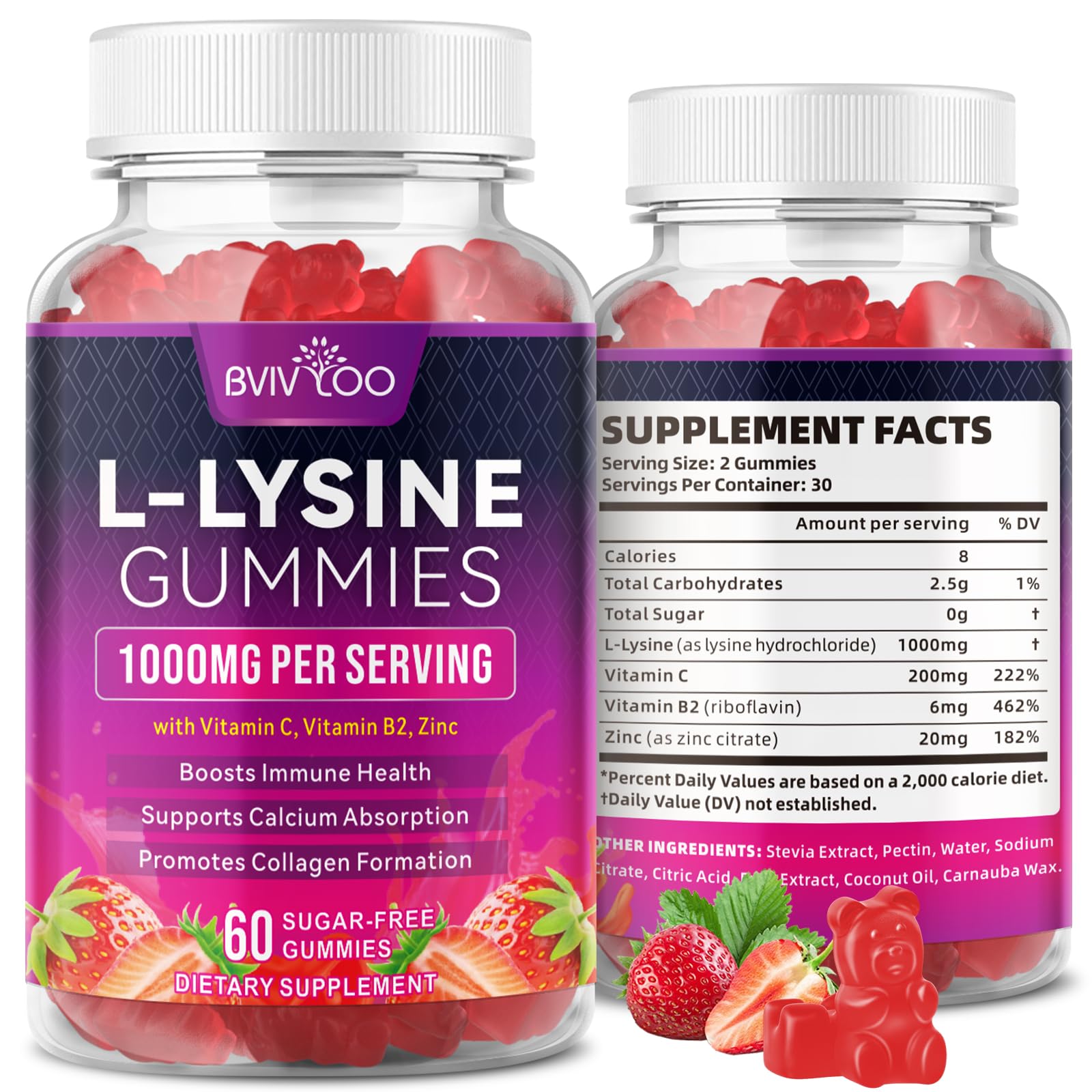 BVIVLOO L-Lysine 1000mg Gummies for Immune Support & Skin Health - High Potency Vegan Gummies, Sugar-Free, Natural Berry Flavor, Gluten-Free Chewable Supplement BVIVLOO uk supplements