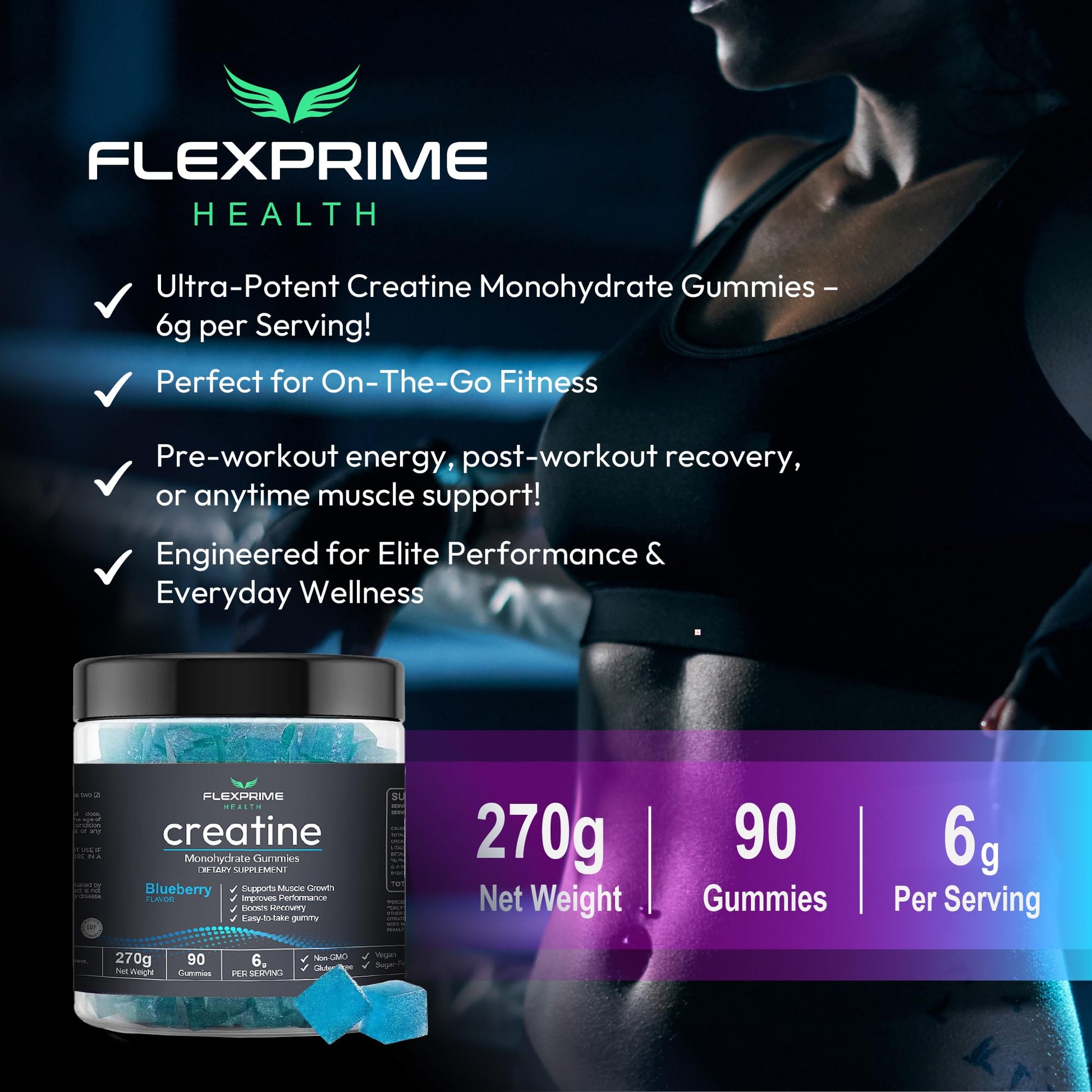 FlexPrime Creatine Gummies Sugar Free - 6g Creatine Monohydrate + L-Taurine, Alpha GPC, Betaine | Vegan Halal Blueberry Chews for Lean Muscle, Strength, Brain Health | Men Women 90 Count FlexPrime uk supplements