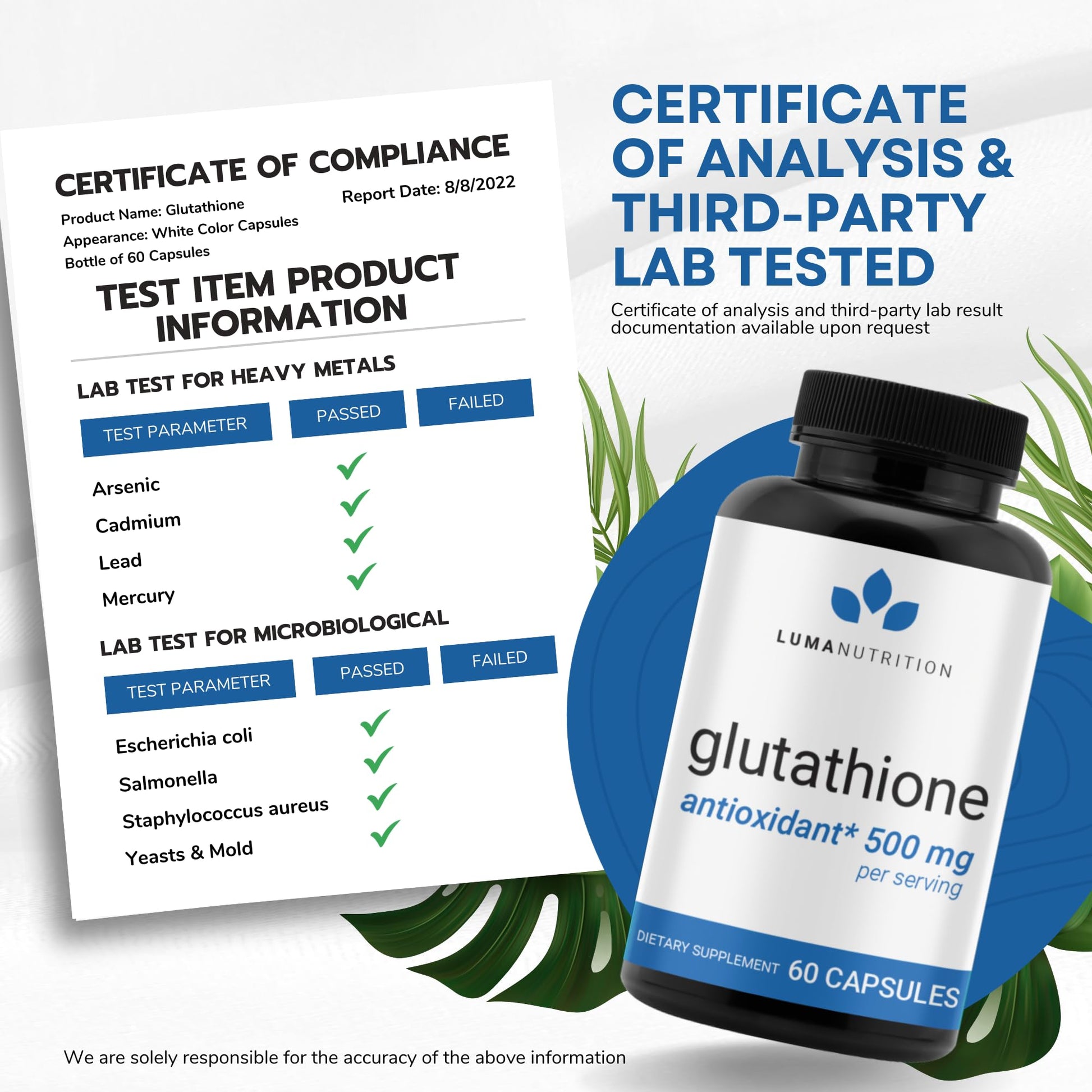 Premium Glutathione - Reduced Glutathione 500mg - Glutathione Supplement - L-Glutathione Luma Nutrition uk supplements